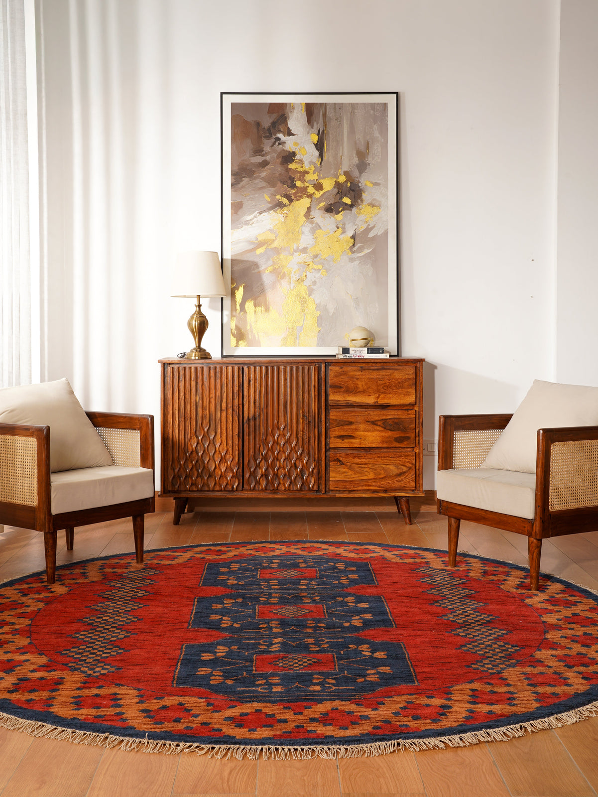 Rust Ember Tribal Hand-Knotted Wool Rug with Indigo Geometric Panel Design