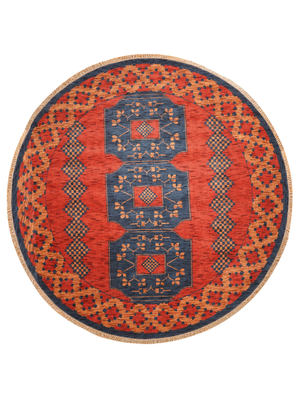 Rust Ember Tribal Hand-Knotted Wool Rug with Indigo Geometric Panel Design