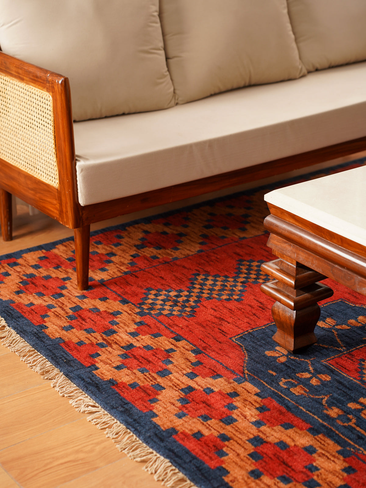Rust Ember Tribal Hand-Knotted Wool Rug with Indigo Geometric Panel Design