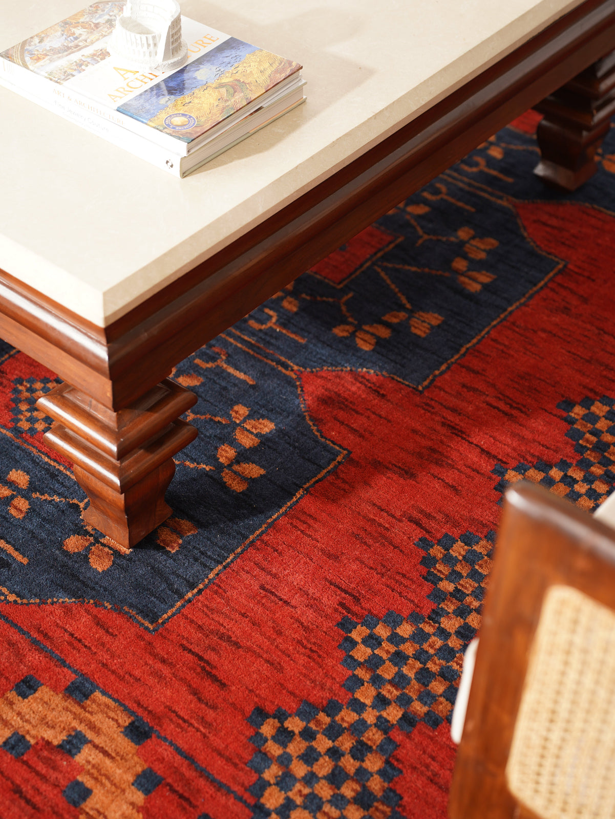 Rust Ember Tribal Hand-Knotted Wool Rug with Indigo Geometric Panel Design