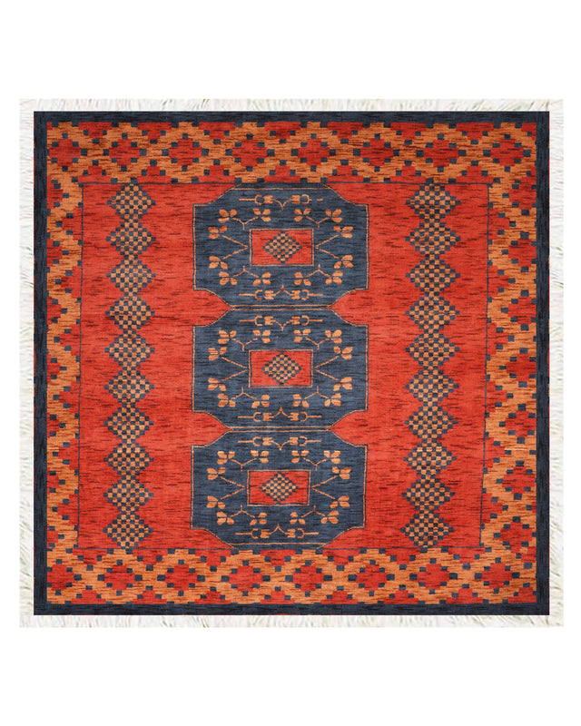 Rust Ember Tribal Hand-Knotted Wool Rug with Indigo Geometric Panel Design