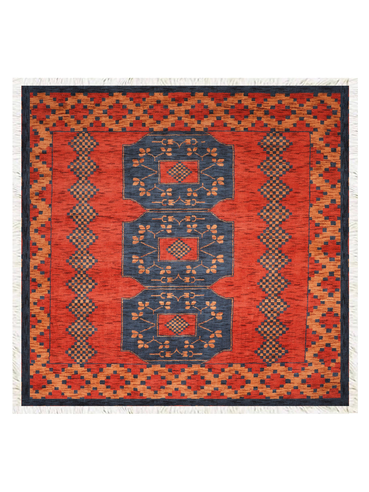 Rust Ember Tribal Hand-Knotted Wool Rug with Indigo Geometric Panel Design