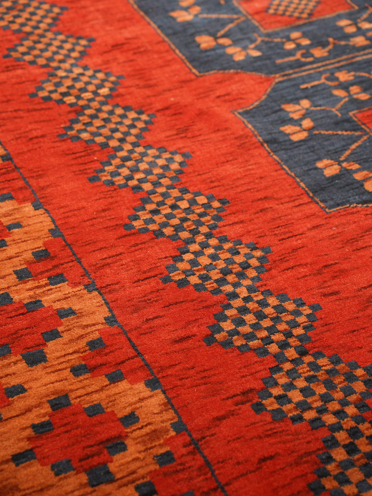 Rust Ember Tribal Hand-Knotted Wool Rug with Indigo Geometric Panel Design