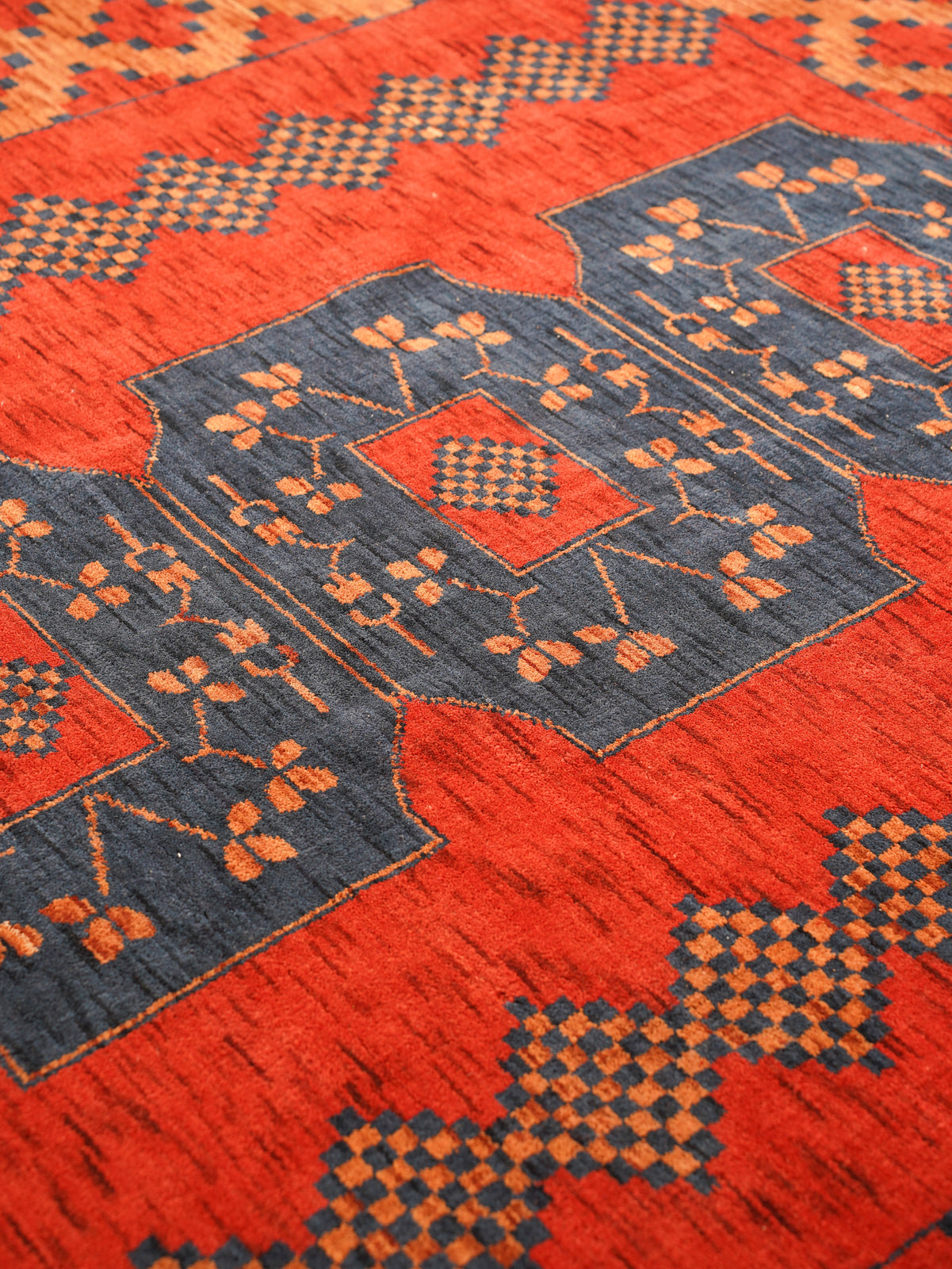 Rust Ember Tribal Hand-Knotted Wool Rug with Indigo Geometric Panel Design