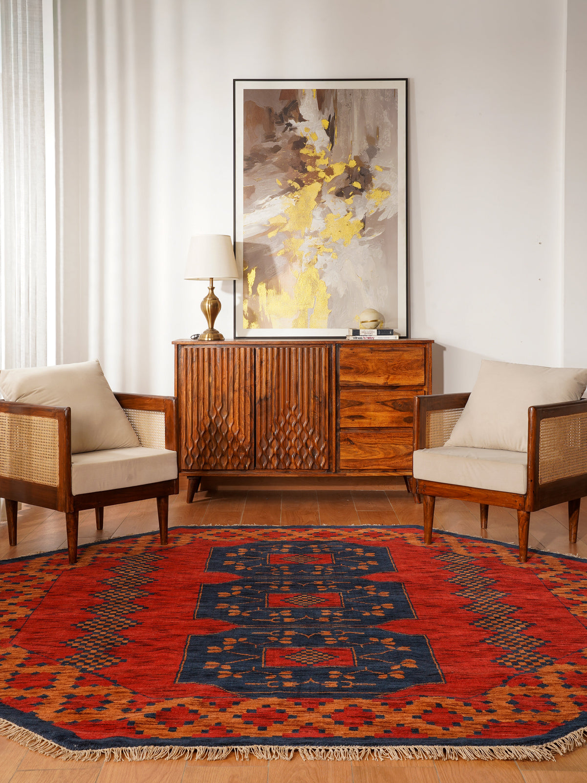Rust Ember Tribal Hand-Knotted Wool Rug with Indigo Geometric Panel Design