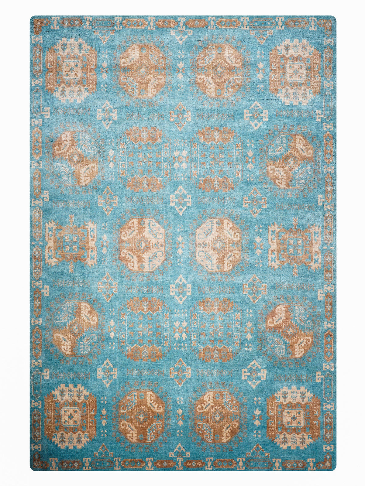 Blue area rug with geometric pattern