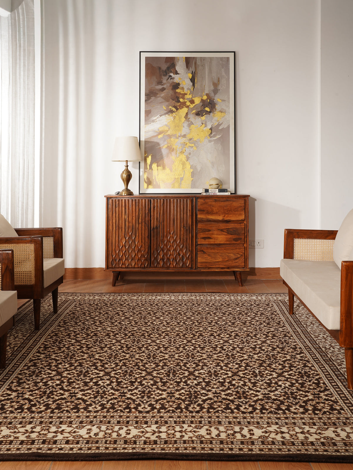 Hand Knotted Wool Oriental Area Rug – Brown & Beige Traditional Floral Pattern