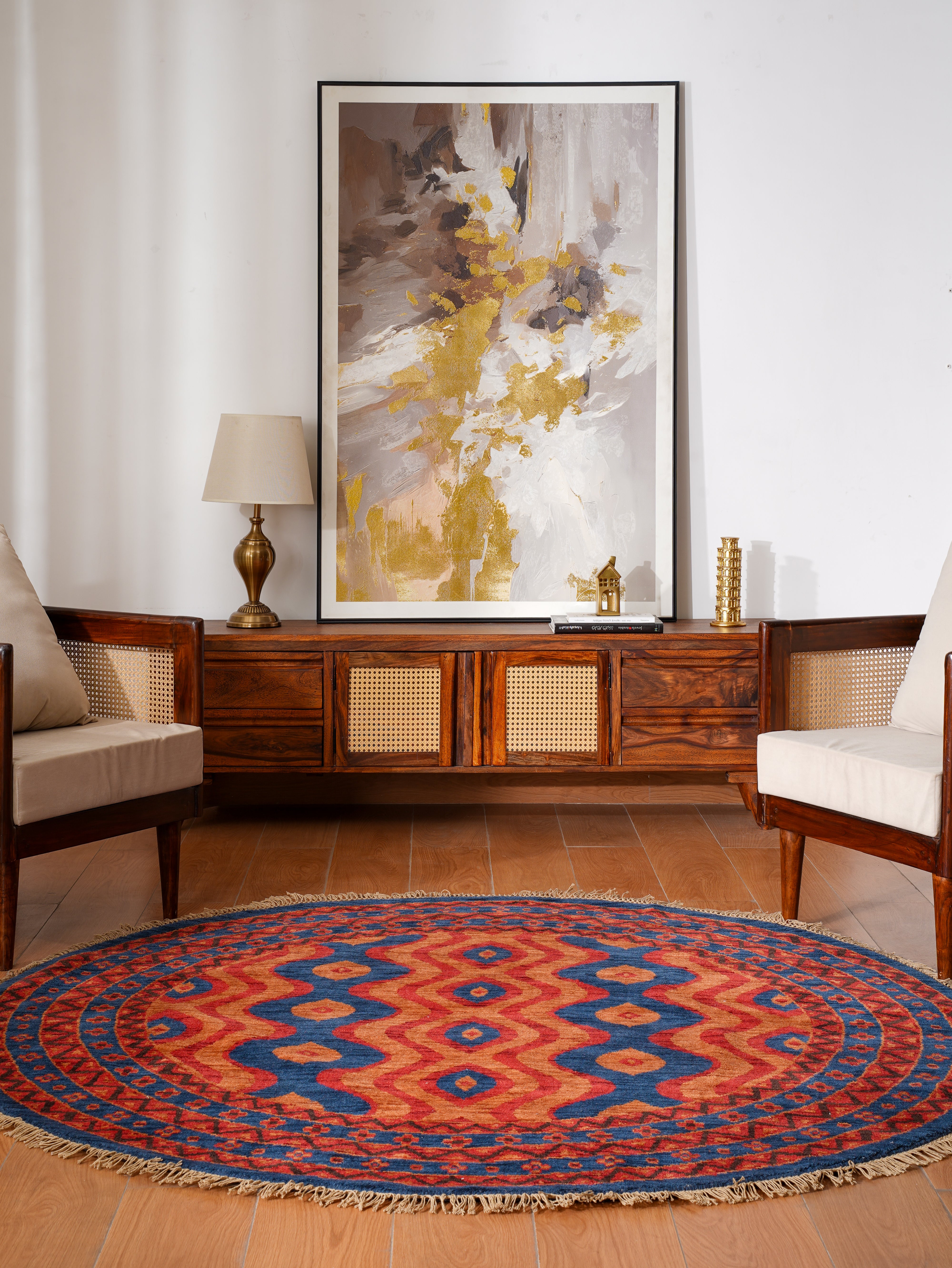 Hand-Knotted Multicolor Wool Oriental Area Rug with Tribal Geometric Design