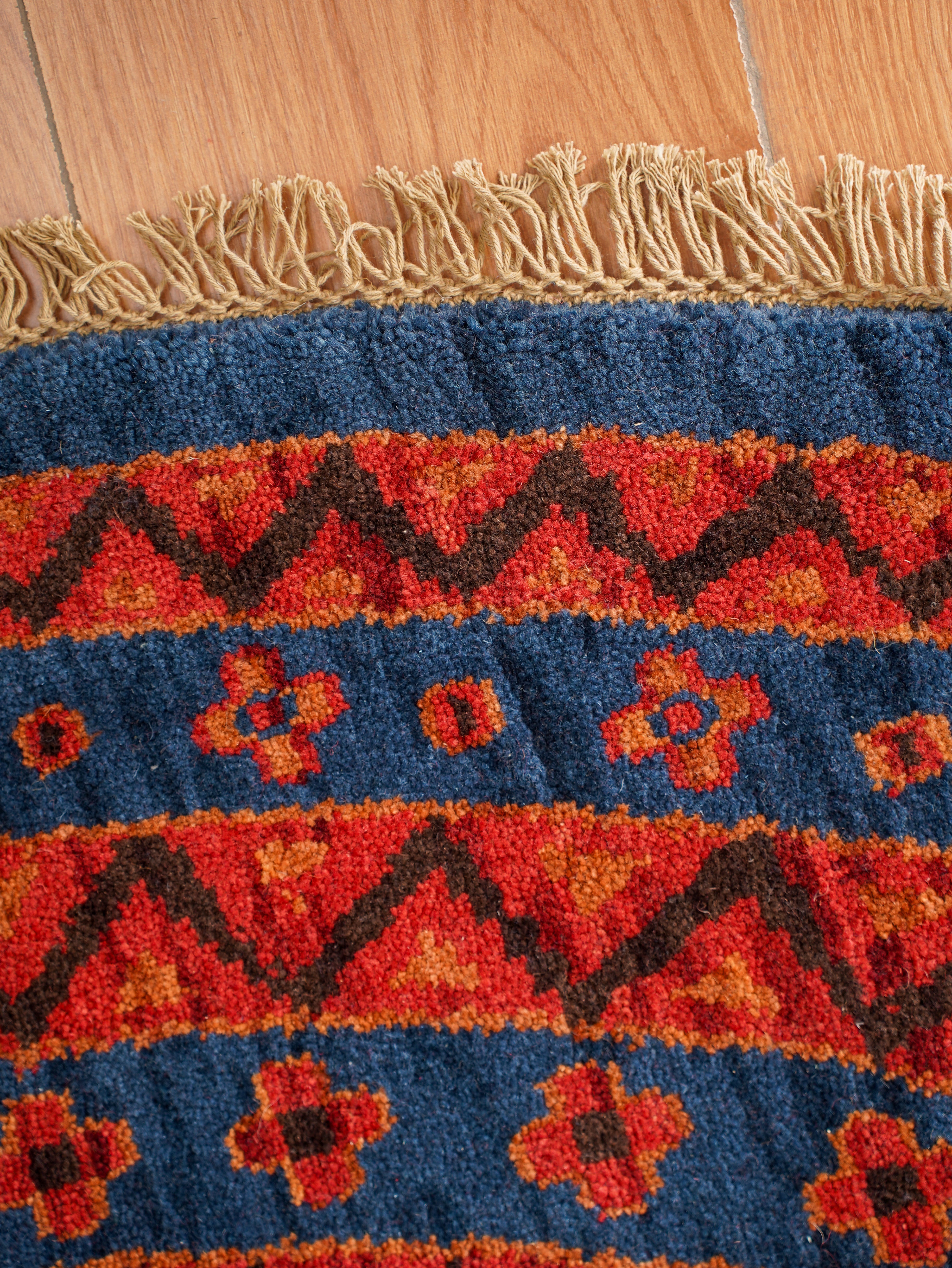 Hand-Knotted Multicolor Wool Oriental Area Rug with Tribal Geometric Design