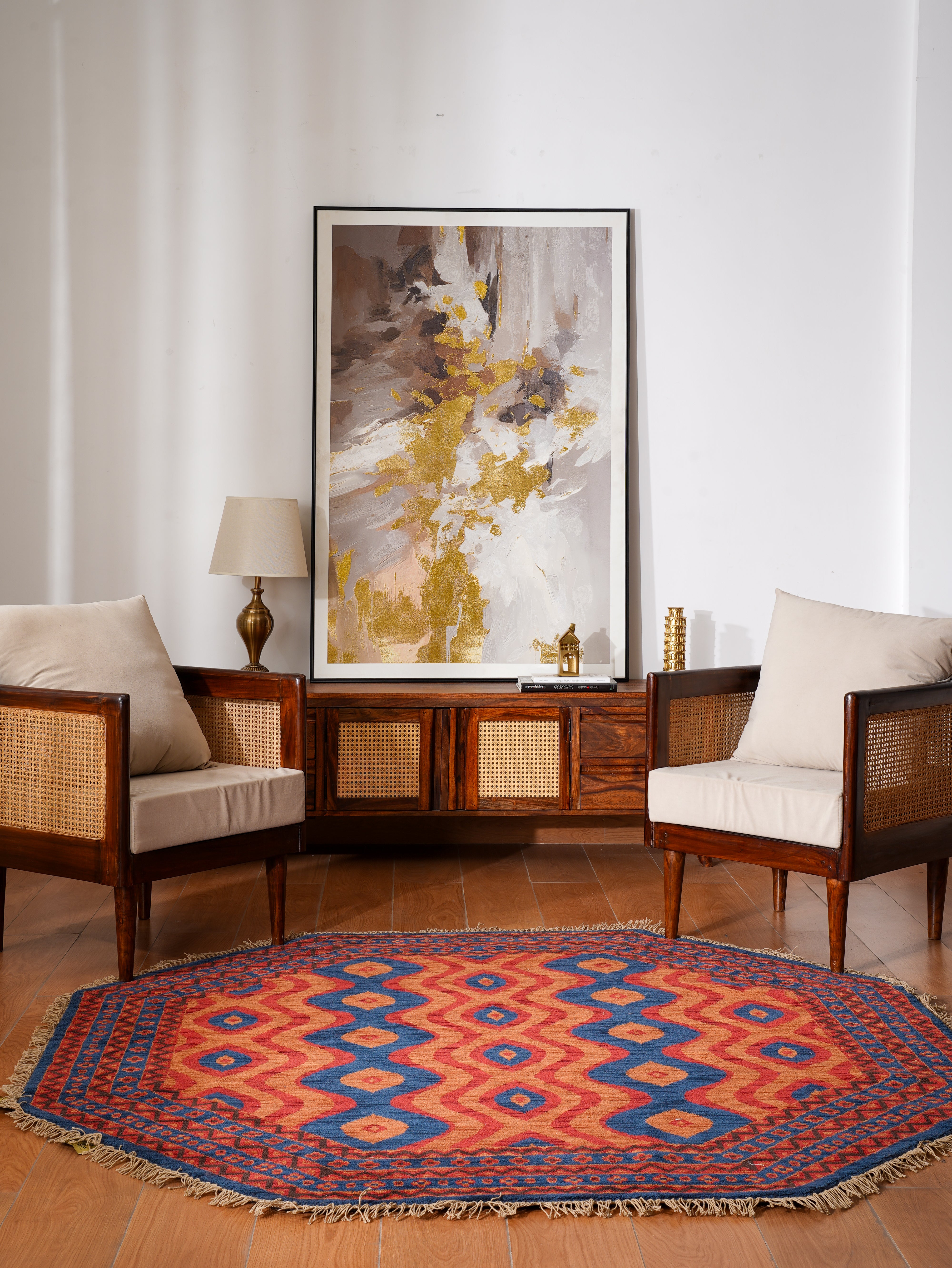 Hand-Knotted Multicolor Wool Oriental Area Rug with Tribal Geometric Design