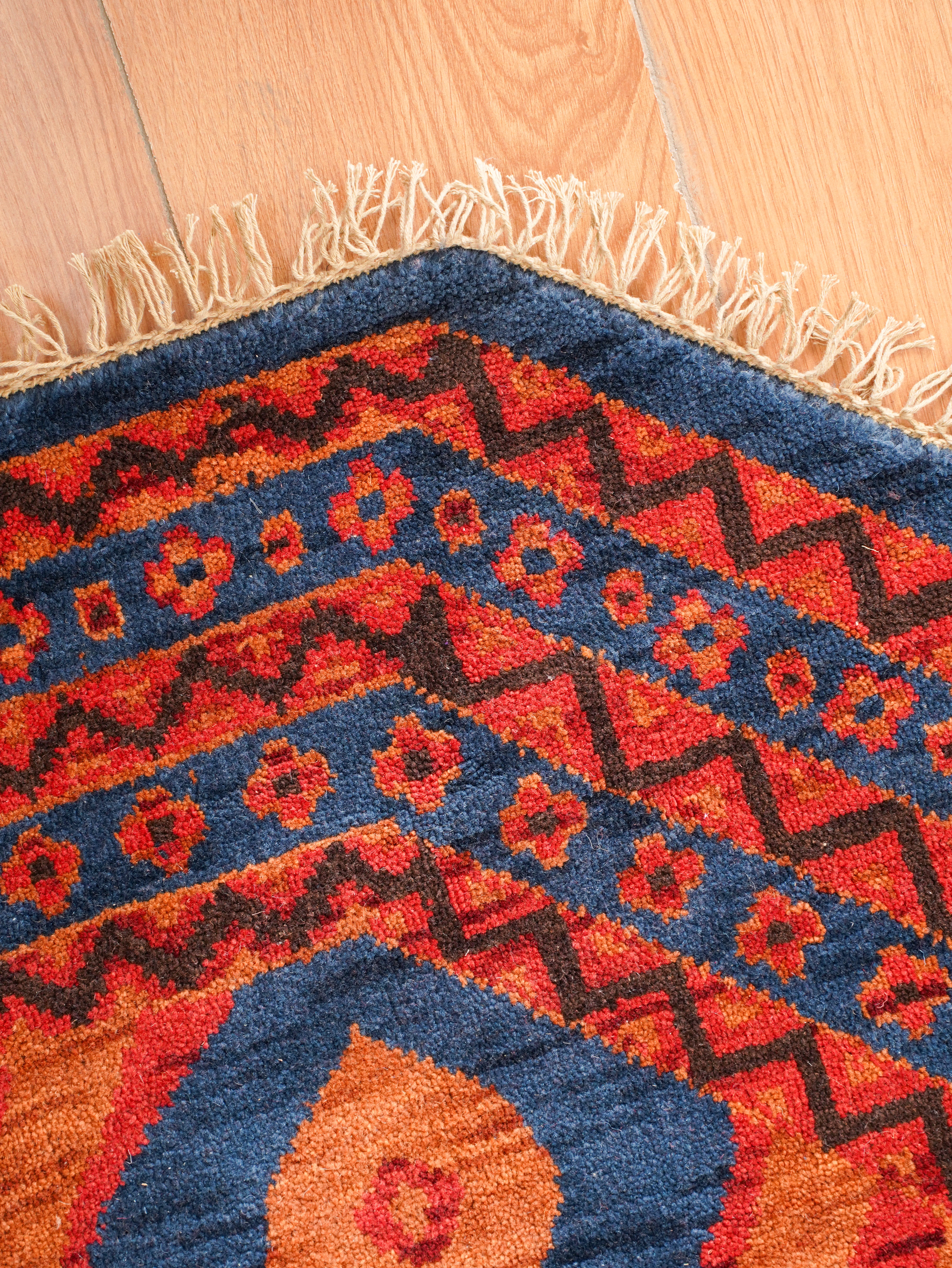 Hand-Knotted Multicolor Wool Oriental Area Rug with Tribal Geometric Design