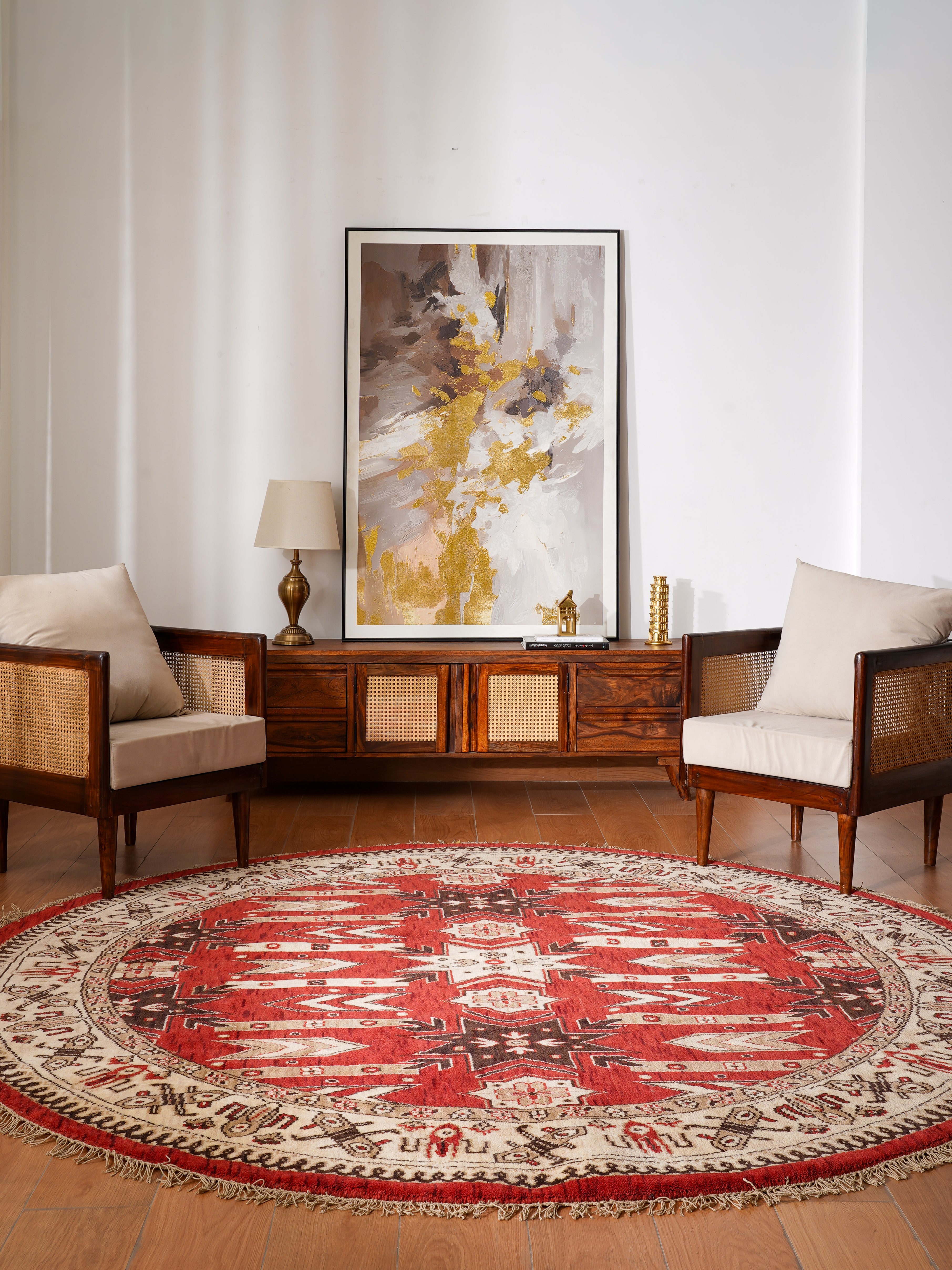 Hand-Knotted Red and Cream Wool Oriental Area Rug with Tribal Geometric Pattern