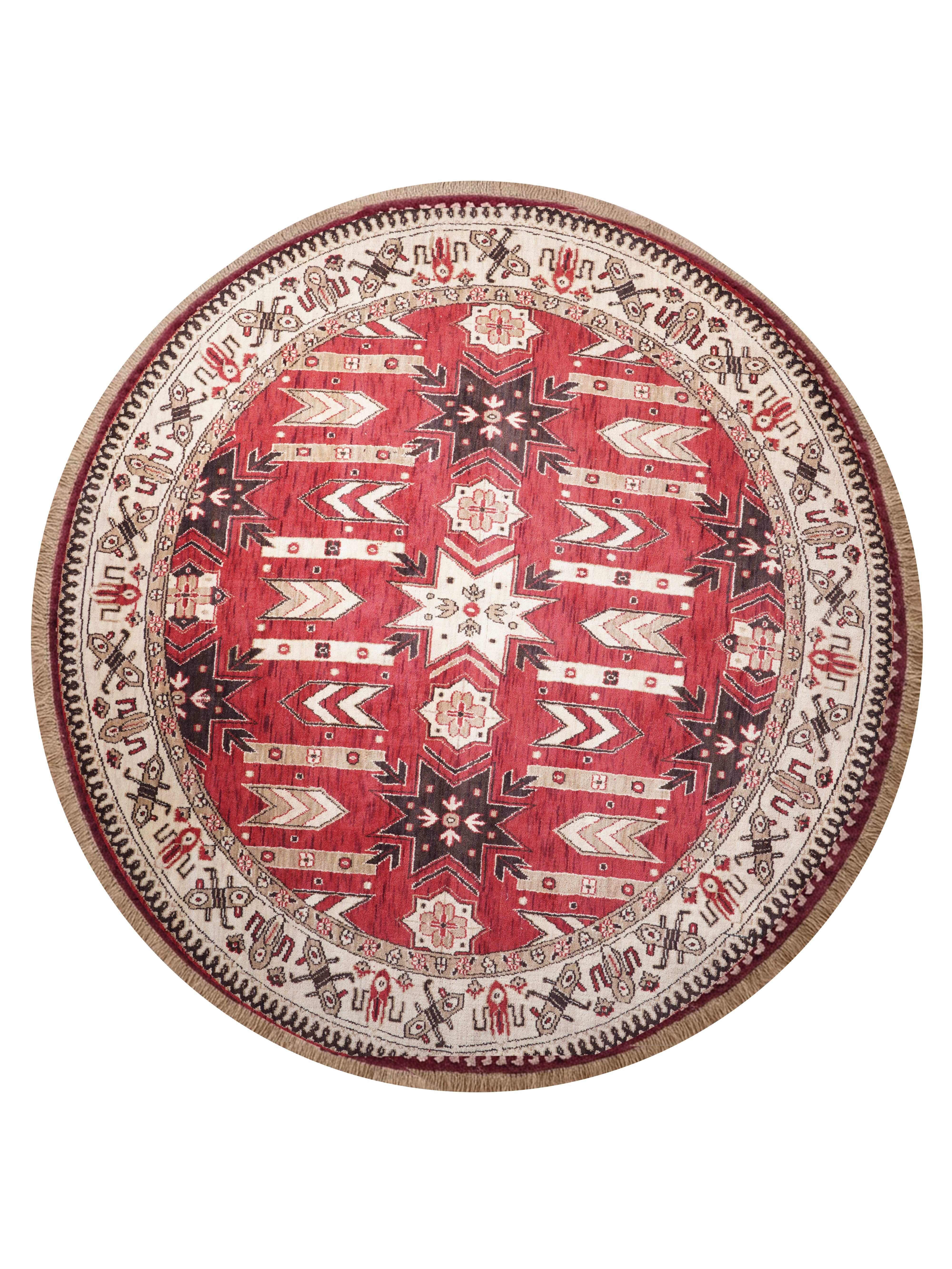 Hand-Knotted Red and Cream Wool Oriental Area Rug with Tribal Geometric Pattern