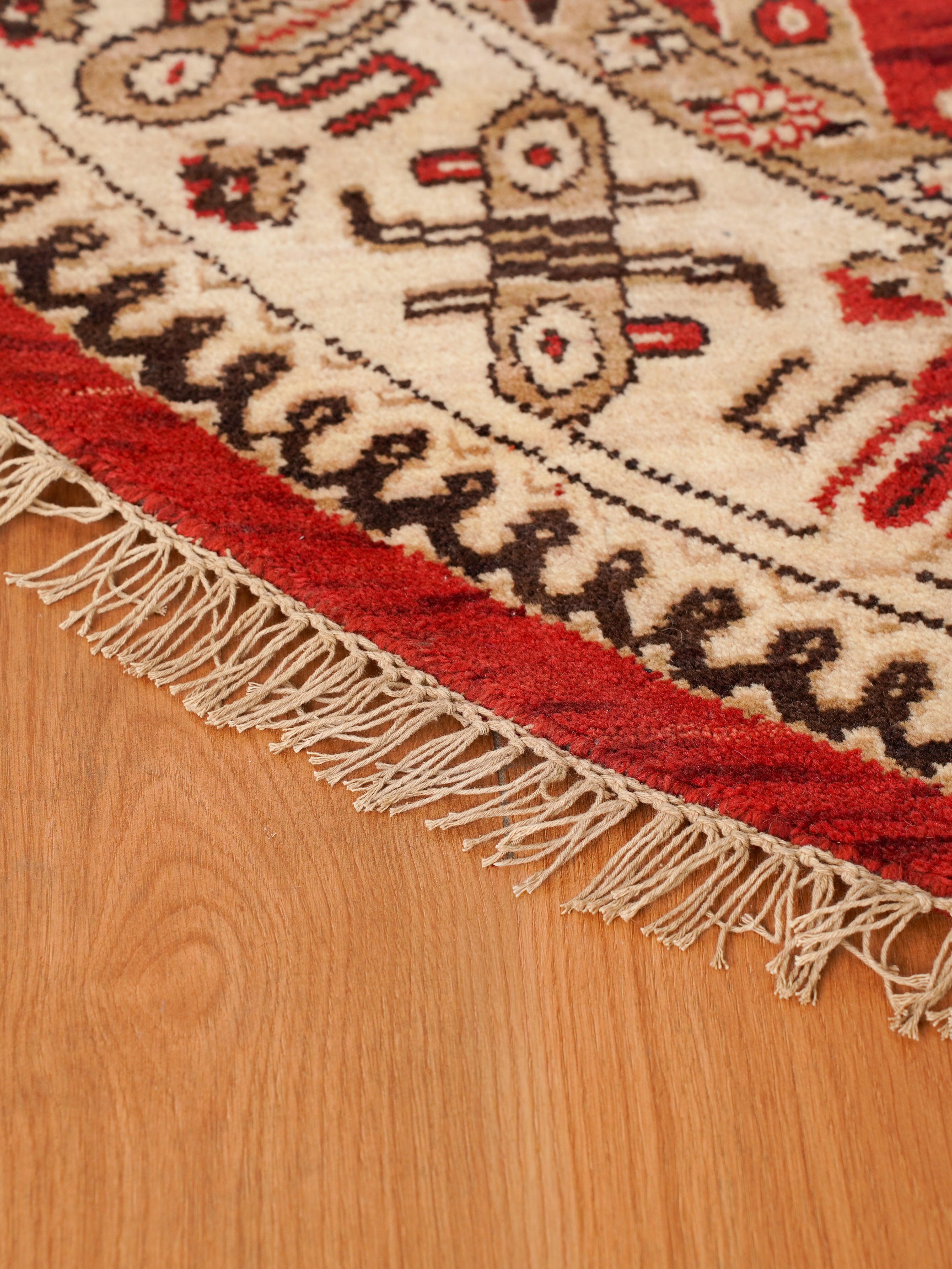 Hand-Knotted Red and Cream Wool Oriental Area Rug with Tribal Geometric Pattern