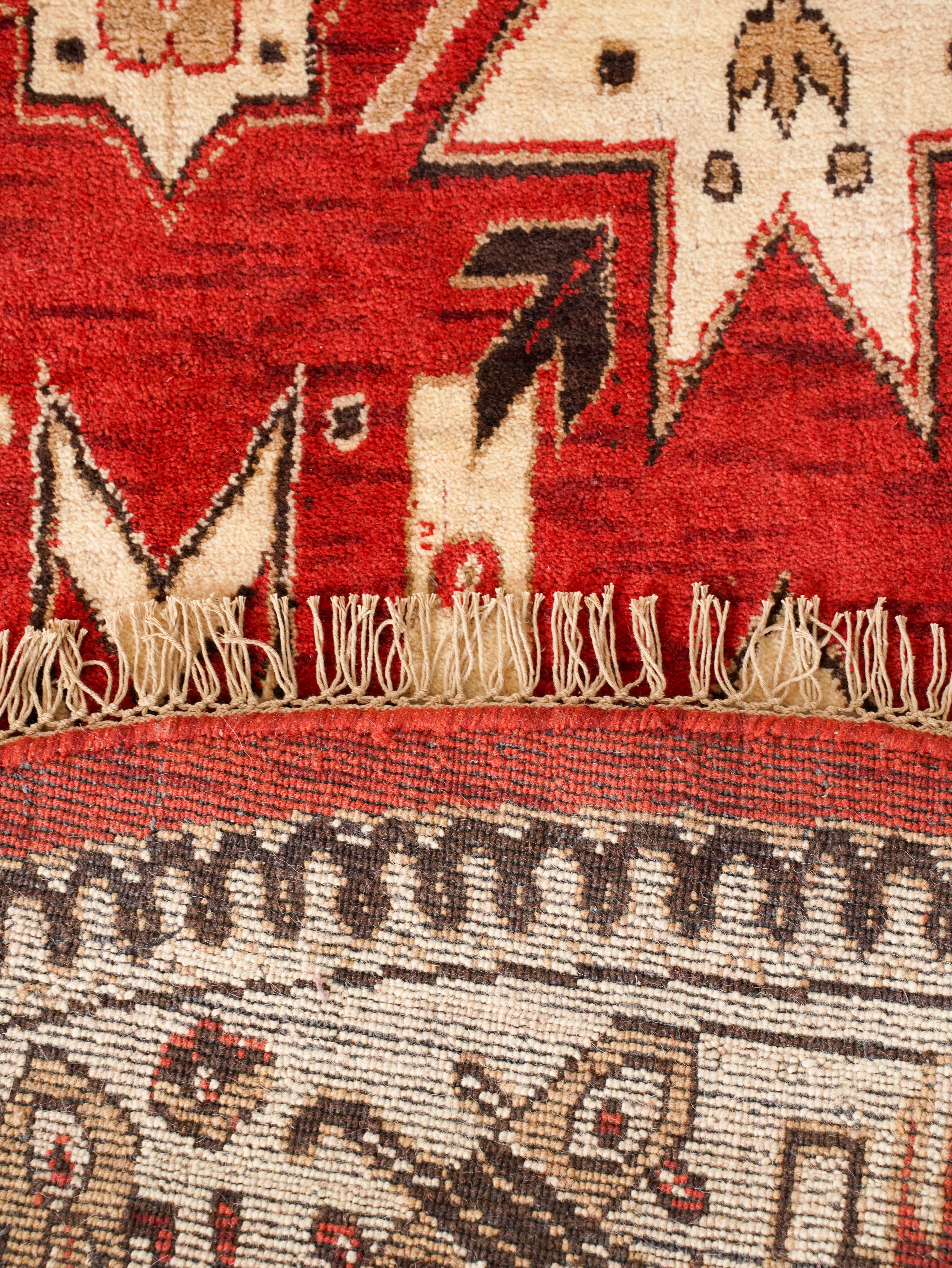 Hand-Knotted Red and Cream Wool Oriental Area Rug with Tribal Geometric Pattern