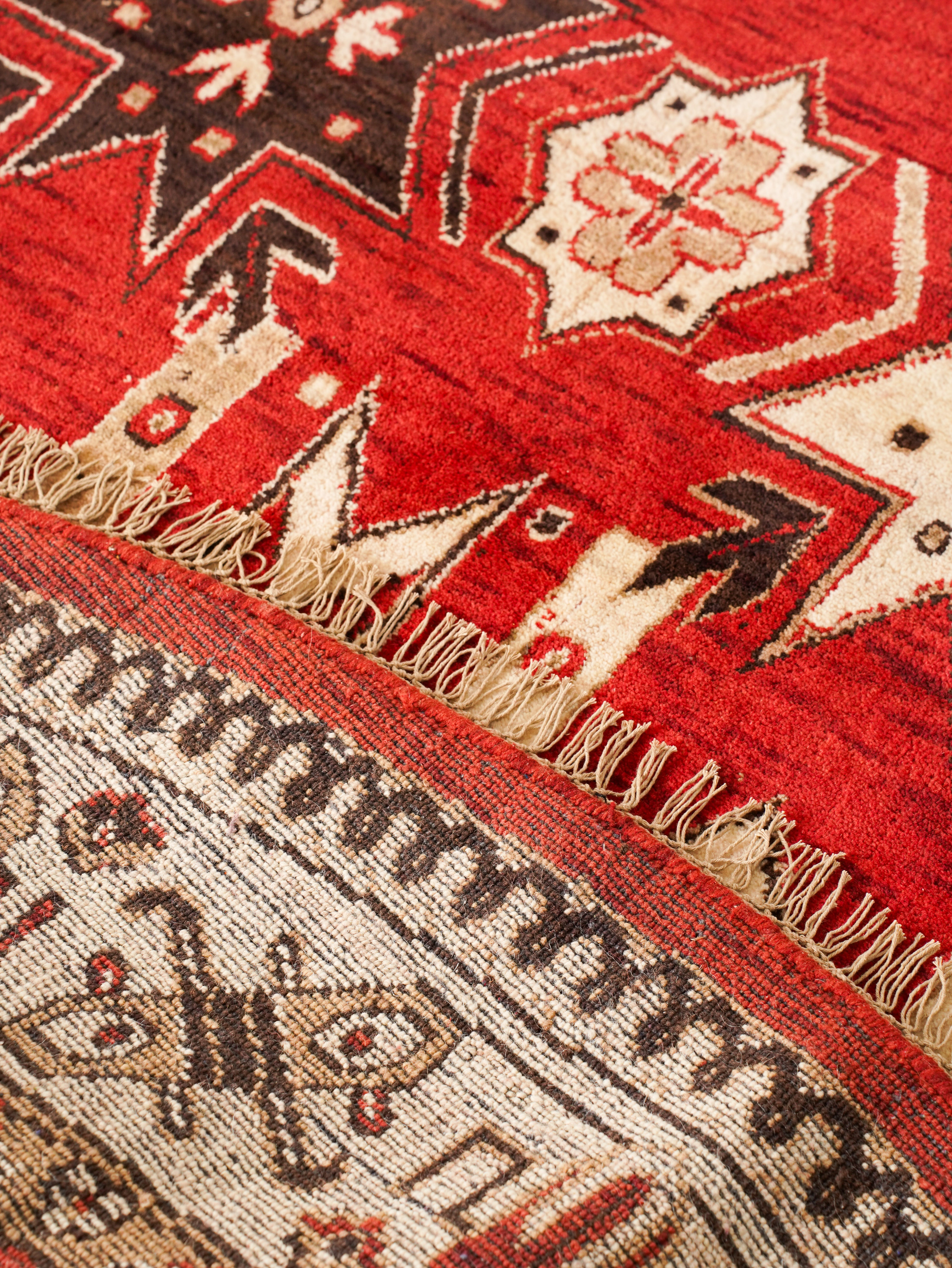 Hand-Knotted Red and Cream Wool Oriental Area Rug with Tribal Geometric Pattern