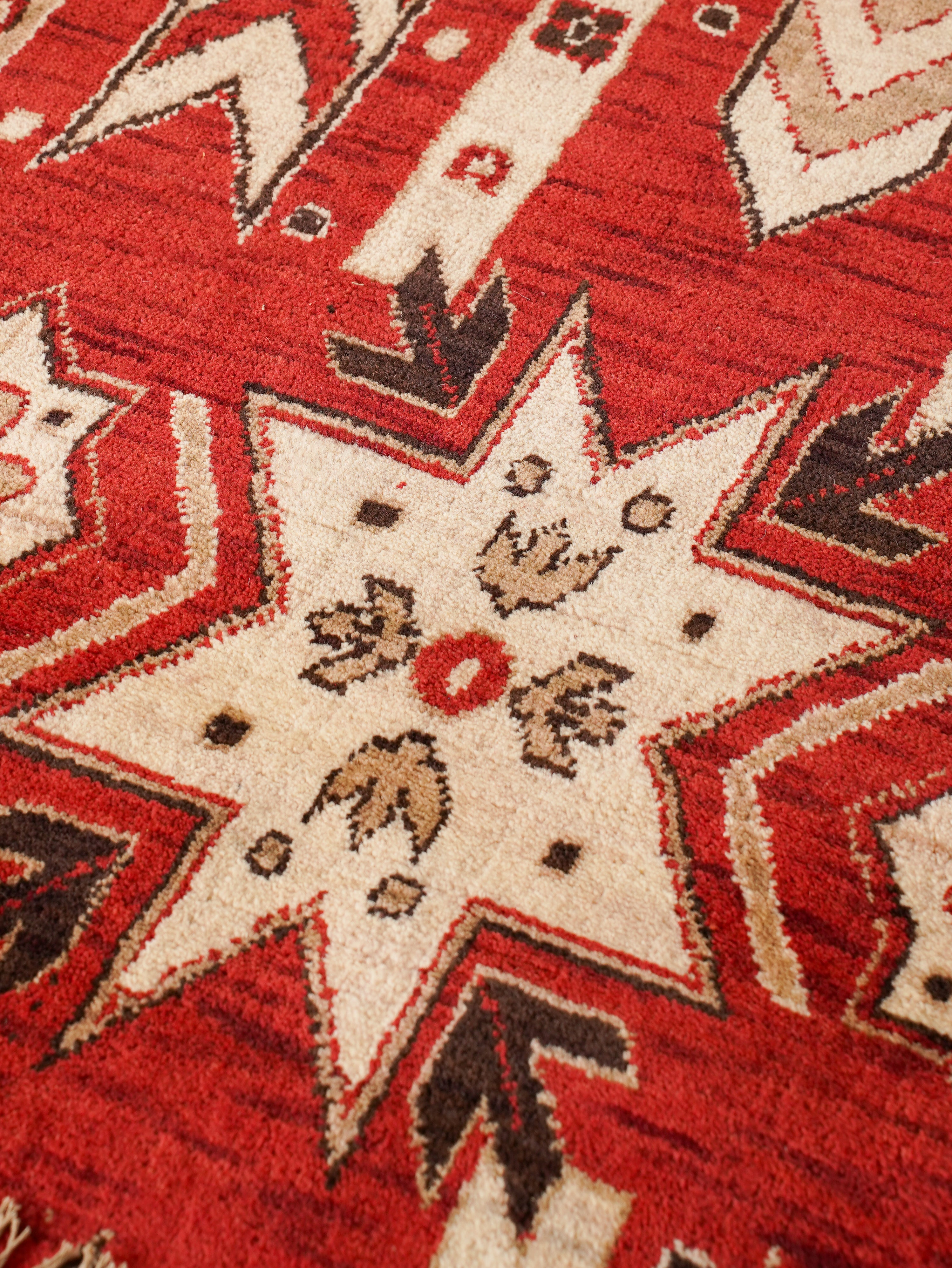 Hand-Knotted Red and Cream Wool Oriental Area Rug with Tribal Geometric Pattern