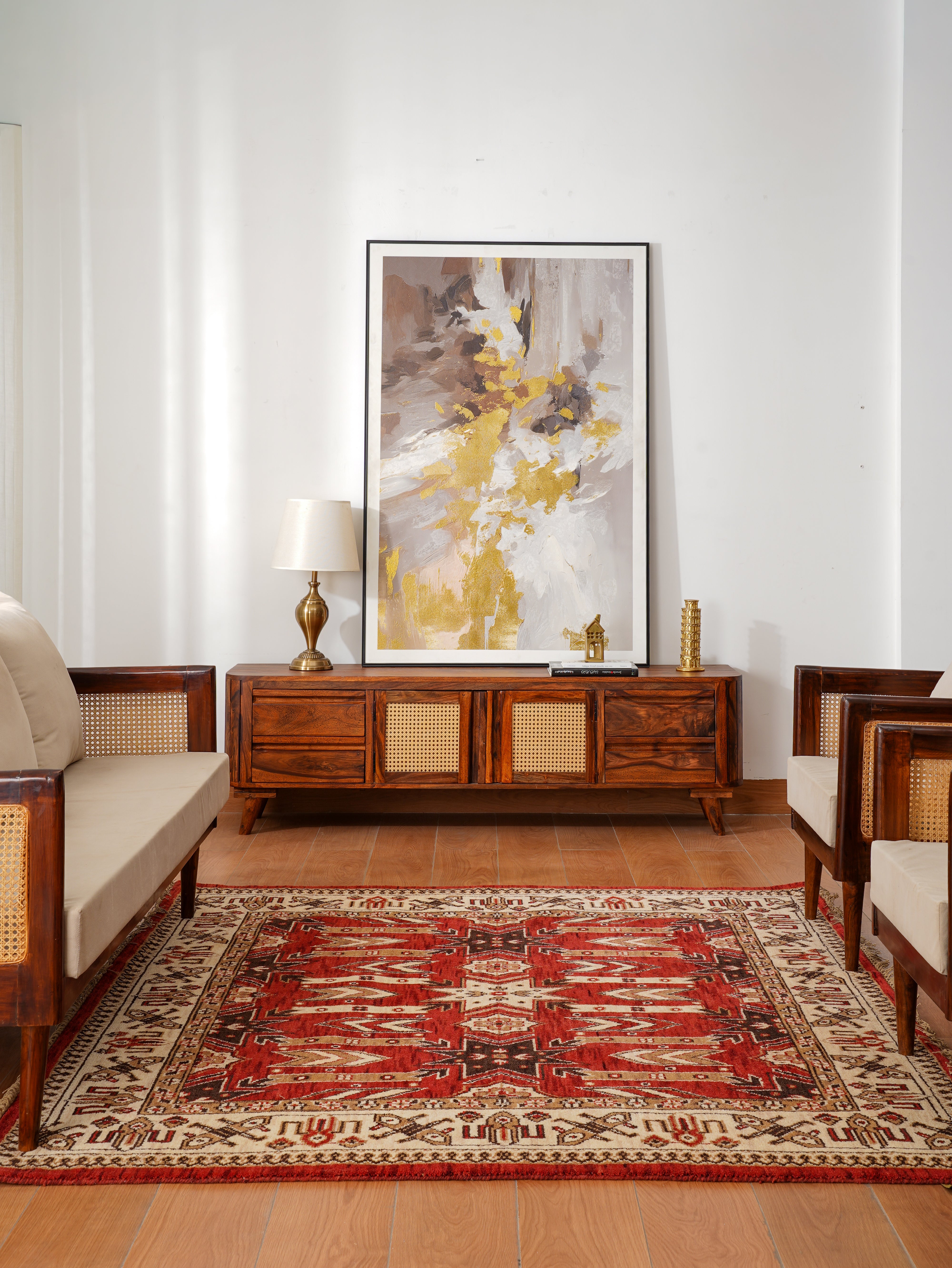 Hand-Knotted Red and Cream Wool Oriental Area Rug with Tribal Geometric Pattern