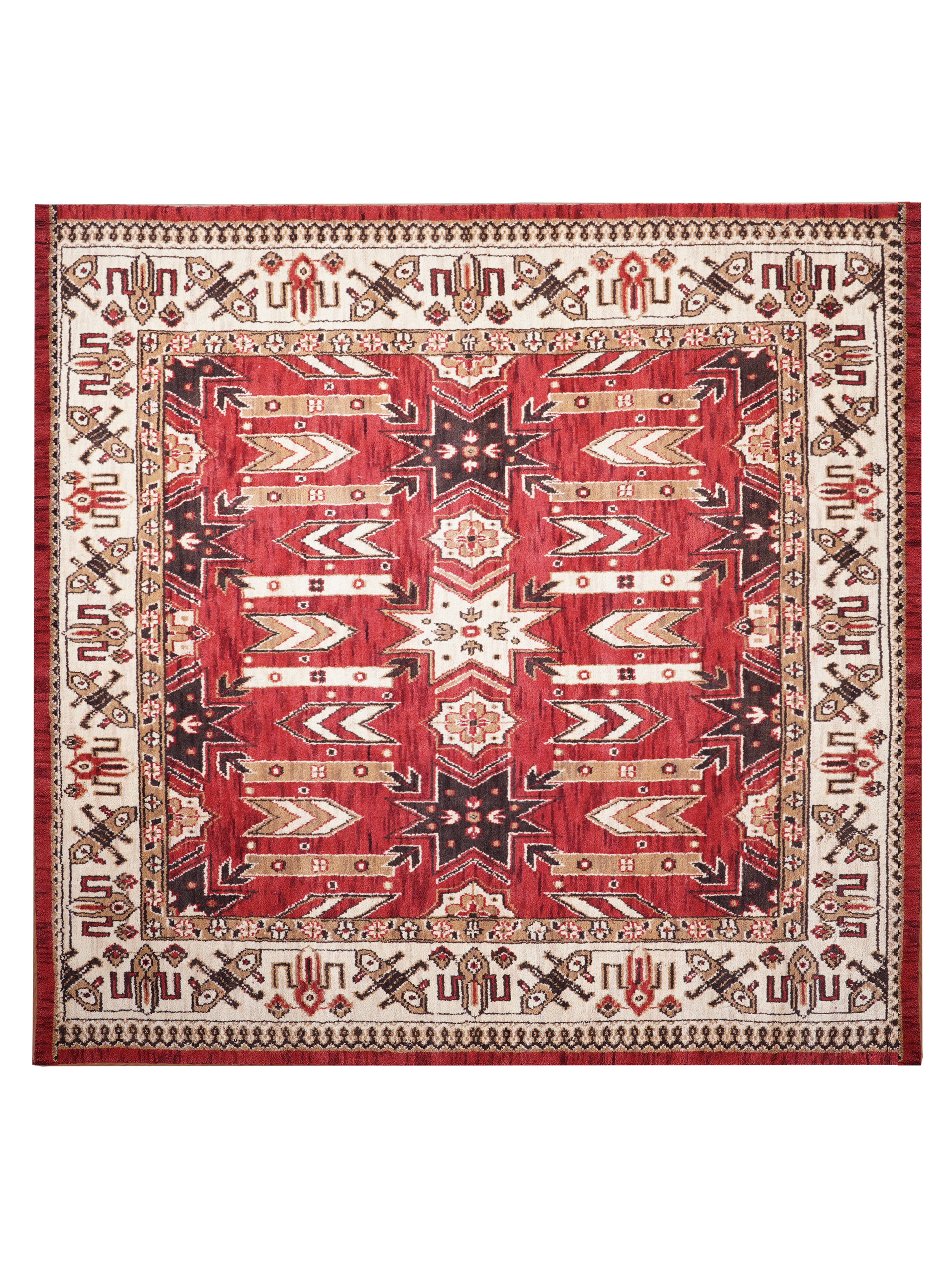 Hand-Knotted Red and Cream Wool Oriental Area Rug with Tribal Geometric Pattern