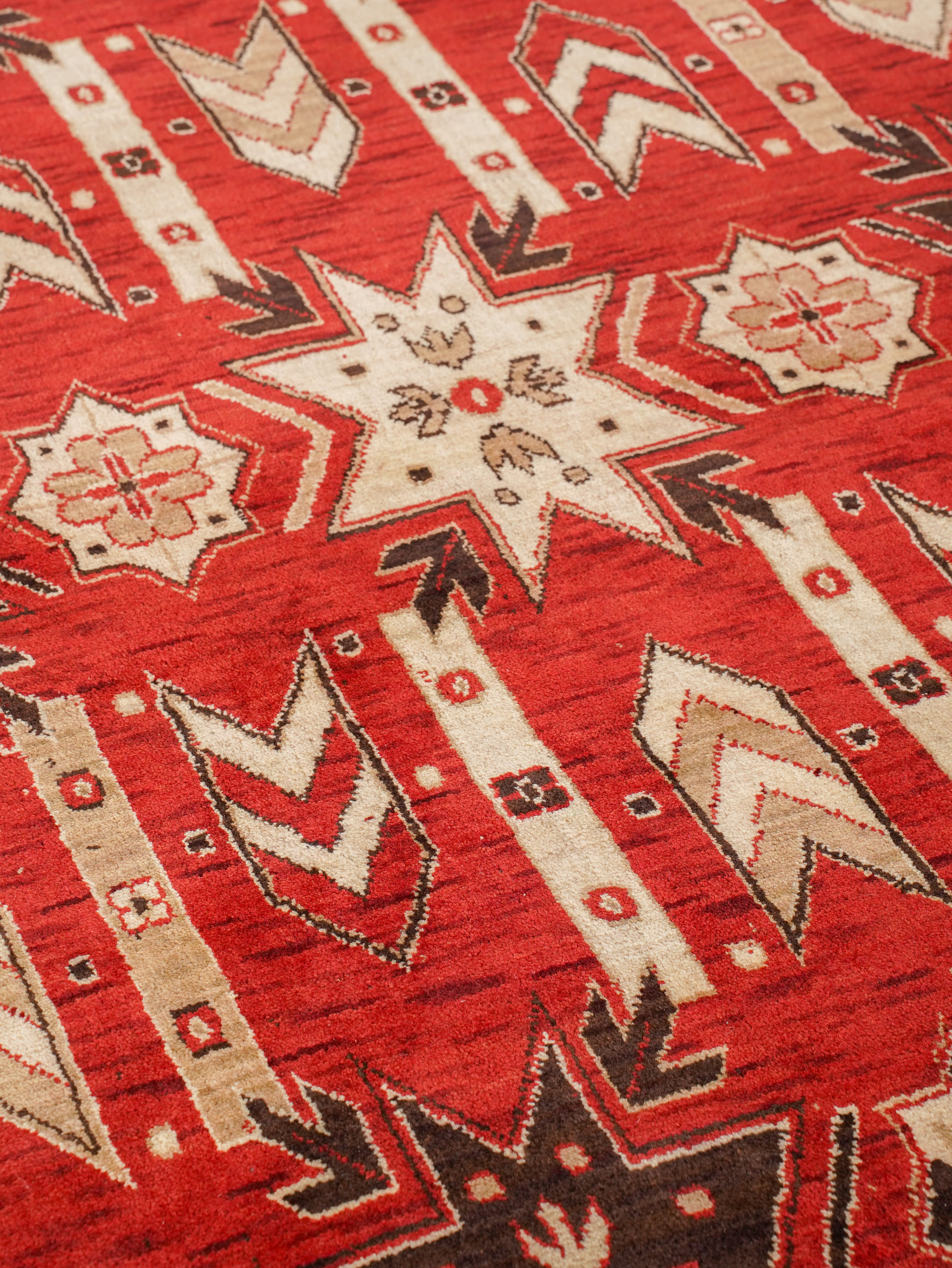 Hand-Knotted Red and Cream Wool Oriental Area Rug with Tribal Geometric Pattern