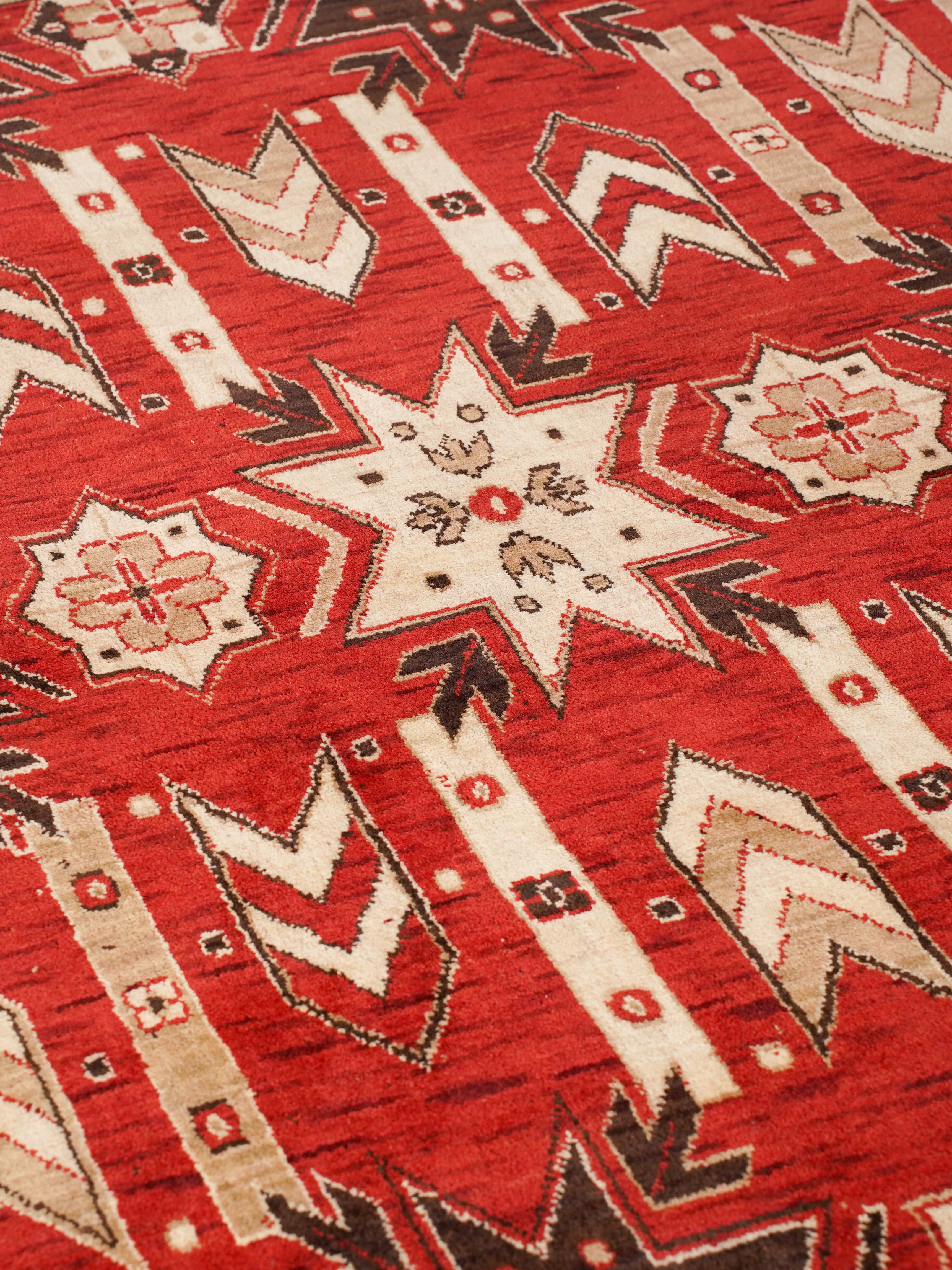 Hand-Knotted Red and Cream Wool Oriental Area Rug with Tribal Geometric Pattern