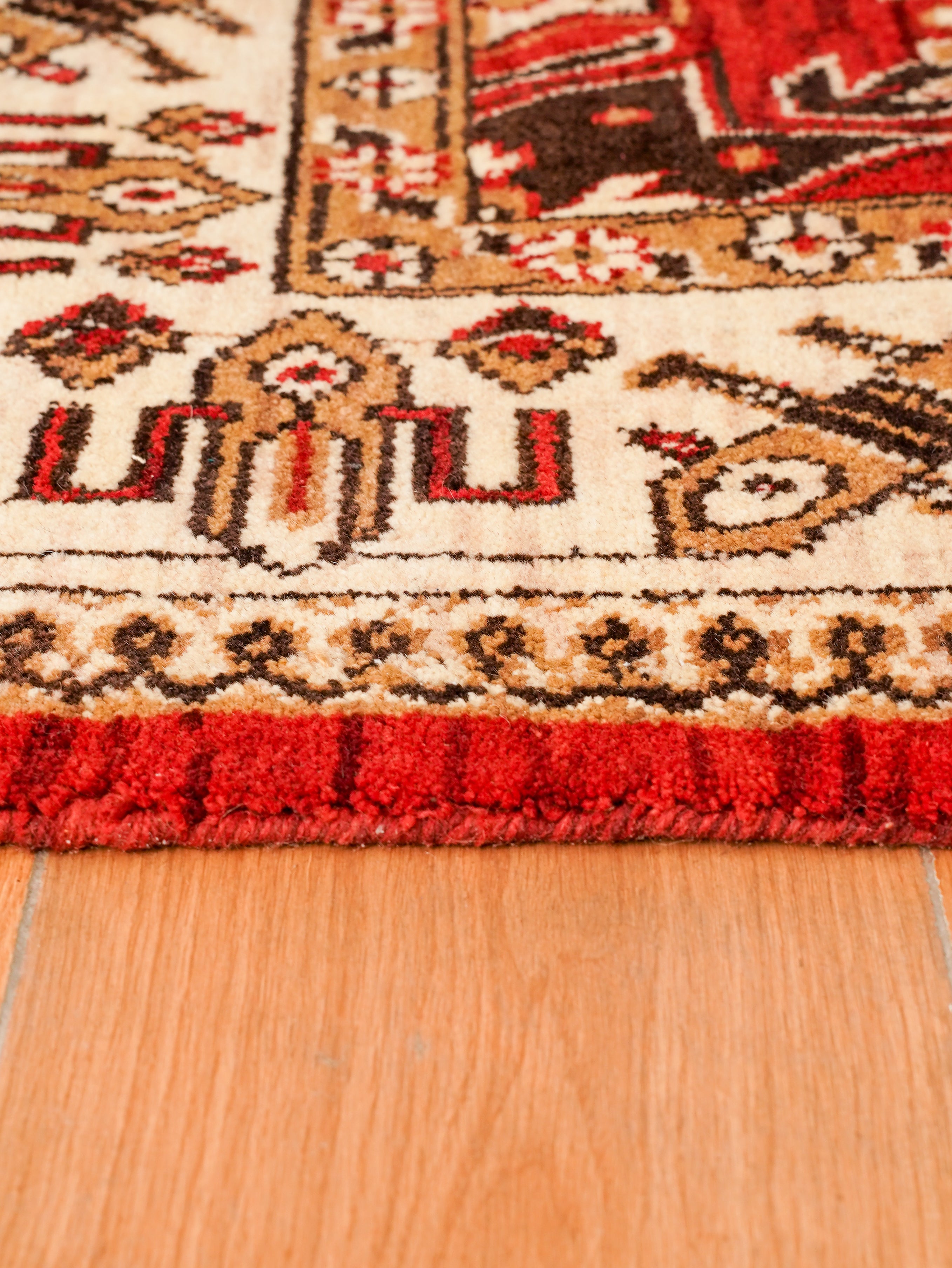 Hand-Knotted Red and Cream Wool Oriental Area Rug with Tribal Geometric Pattern