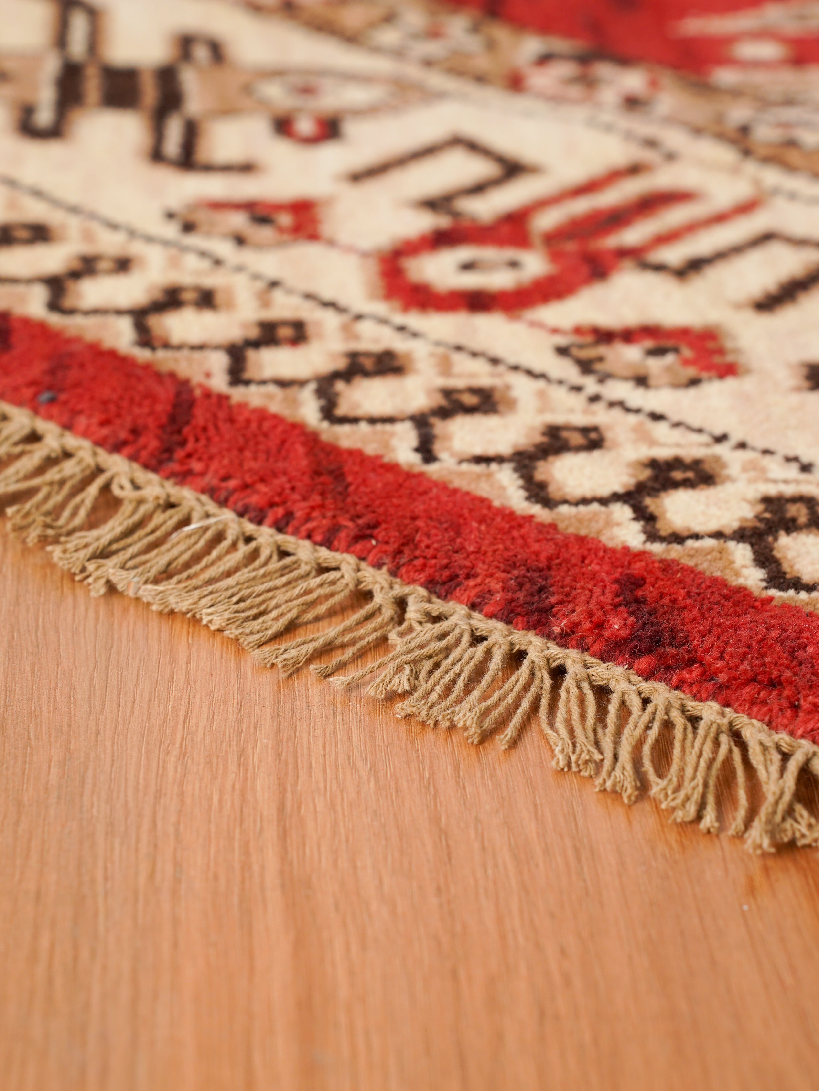Hand-Knotted Red and Cream Wool Oriental Area Rug with Tribal Geometric Pattern