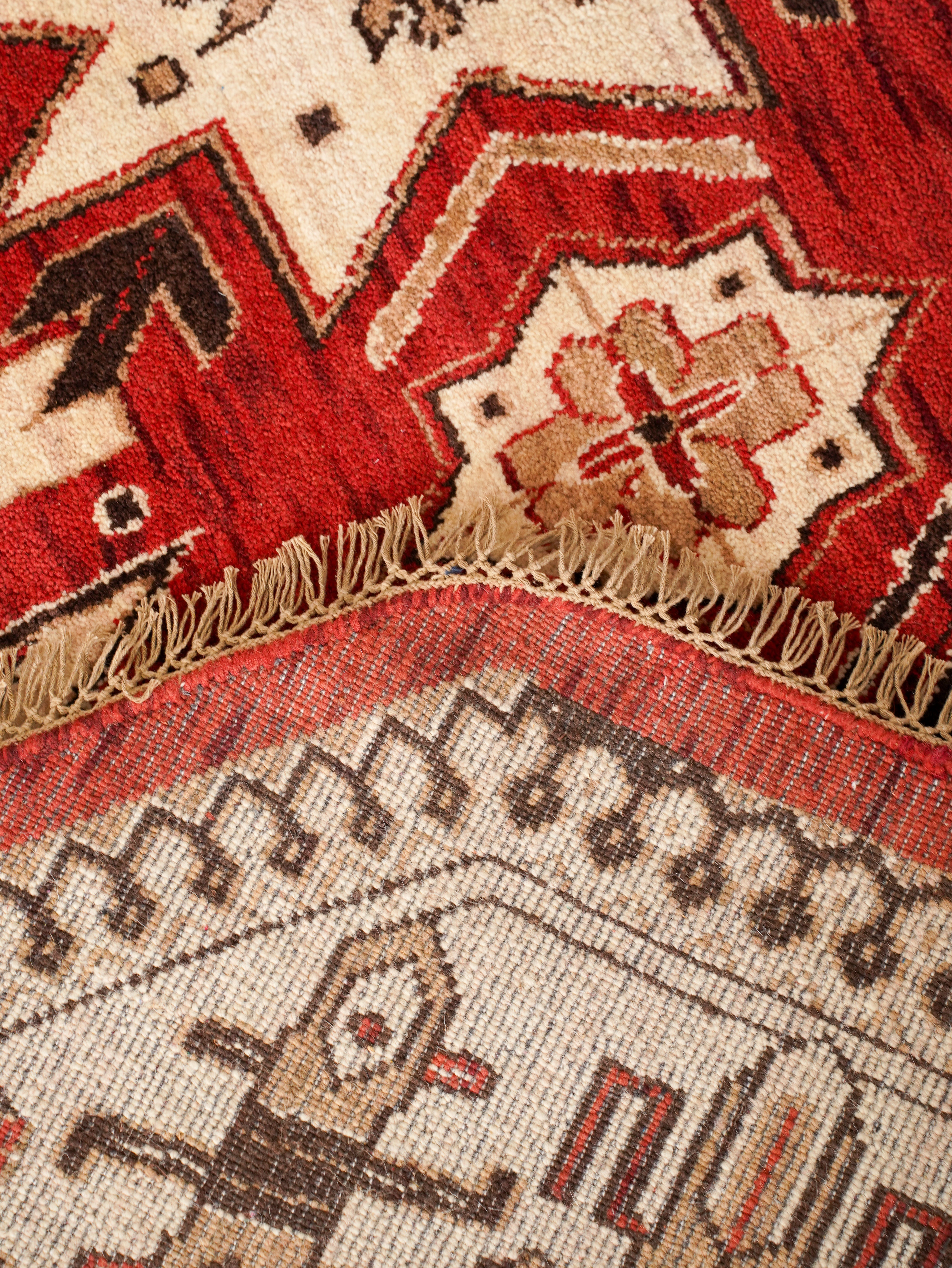 Hand-Knotted Red and Cream Wool Oriental Area Rug with Tribal Geometric Pattern