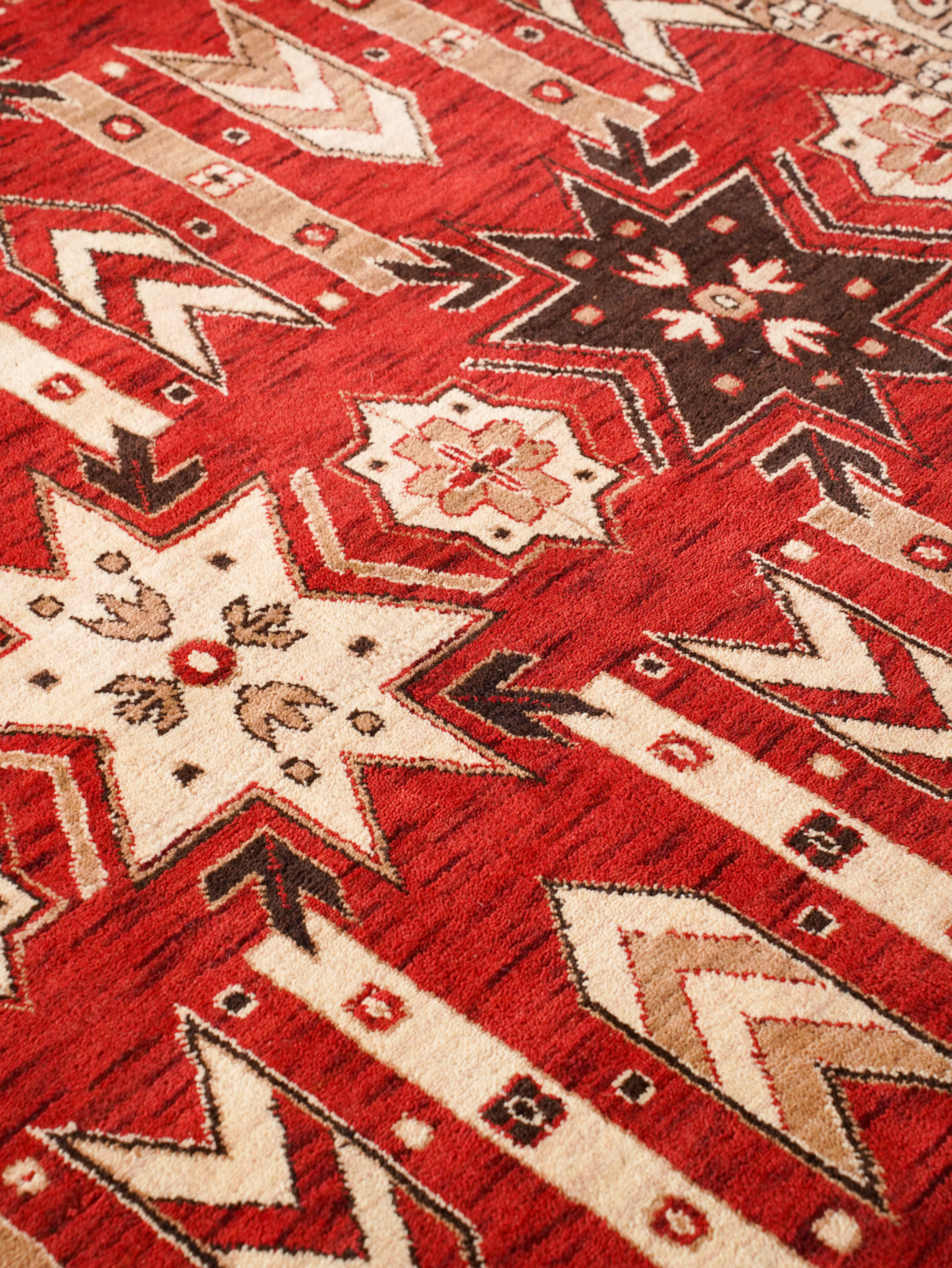 Hand-Knotted Red and Cream Wool Oriental Area Rug with Tribal Geometric Pattern