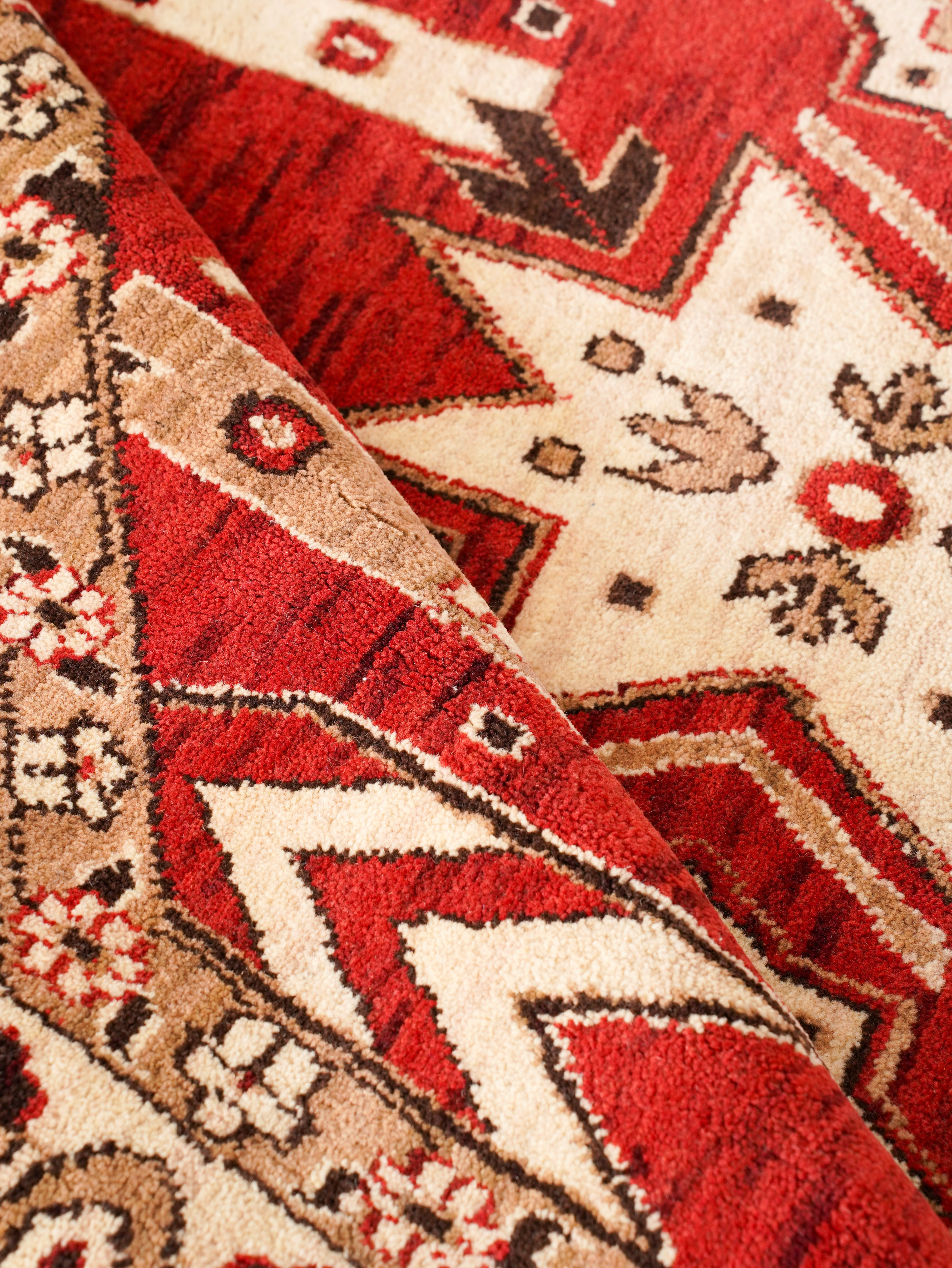 Hand-Knotted Red and Cream Wool Oriental Area Rug with Tribal Geometric Pattern