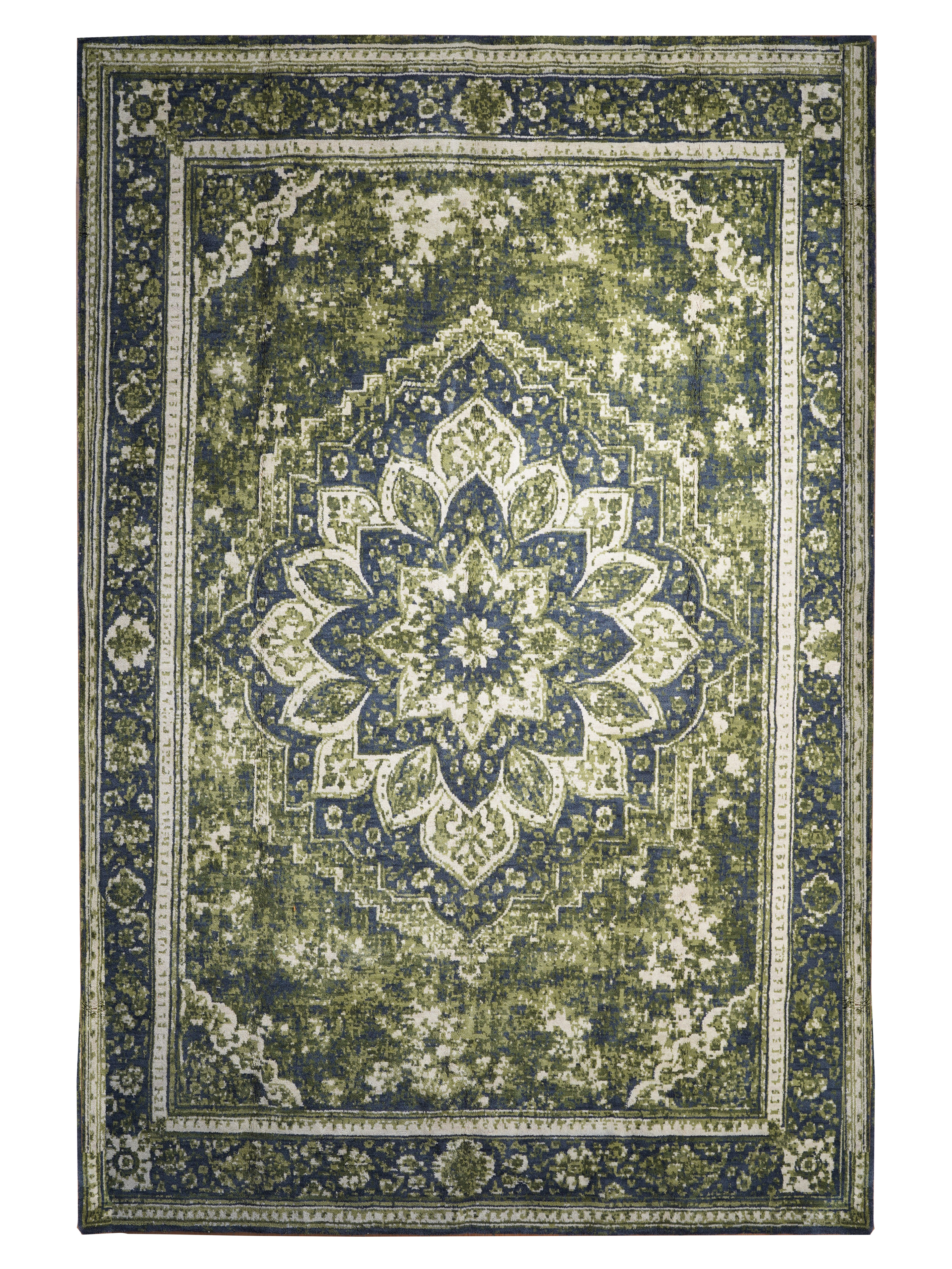 Hand-Knotted Light Green Wool Oriental Area Rug with Distressed Floral Medallion Pattern