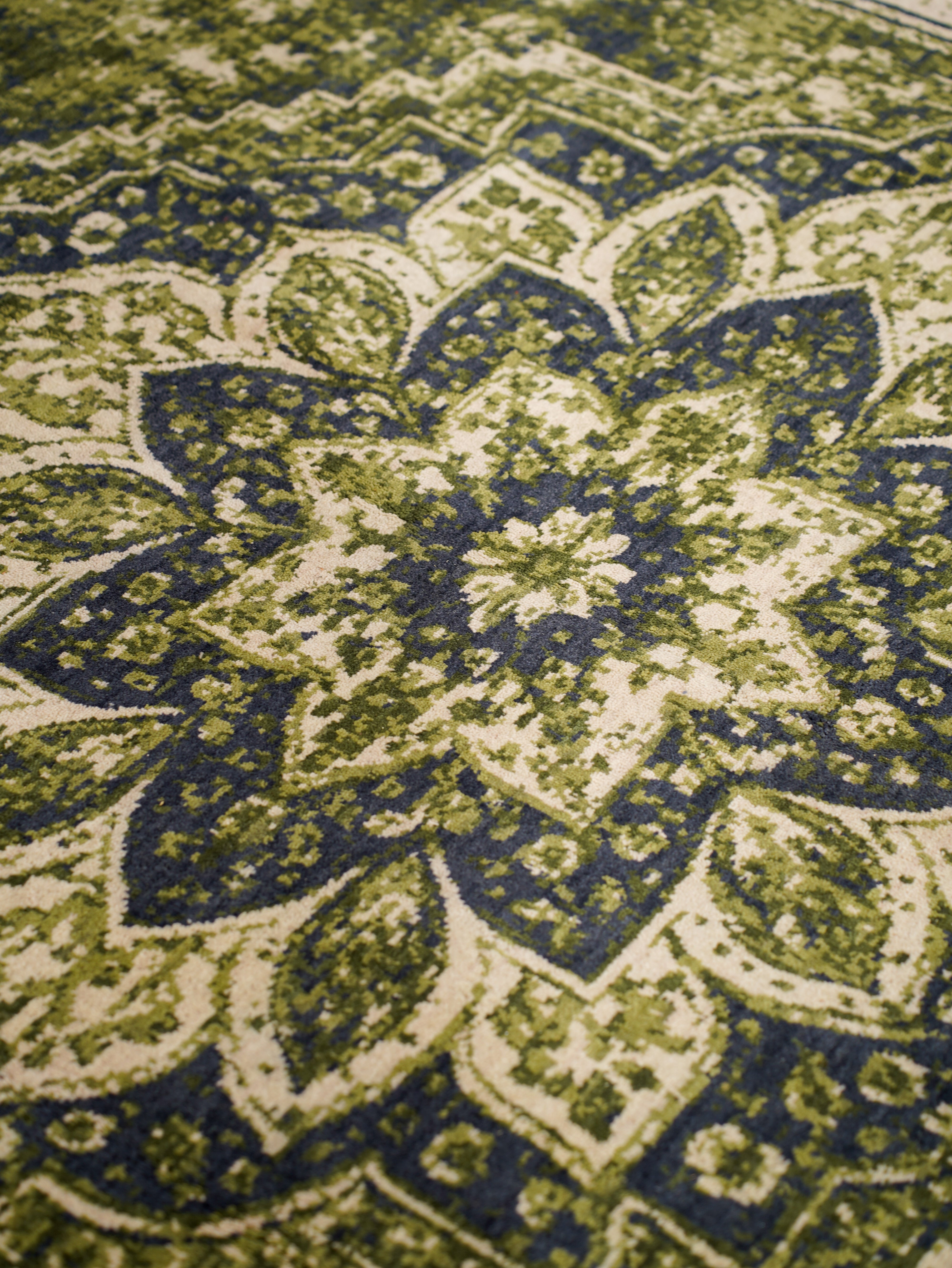 Hand-Knotted Light Green Wool Oriental Area Rug with Distressed Floral Medallion Pattern