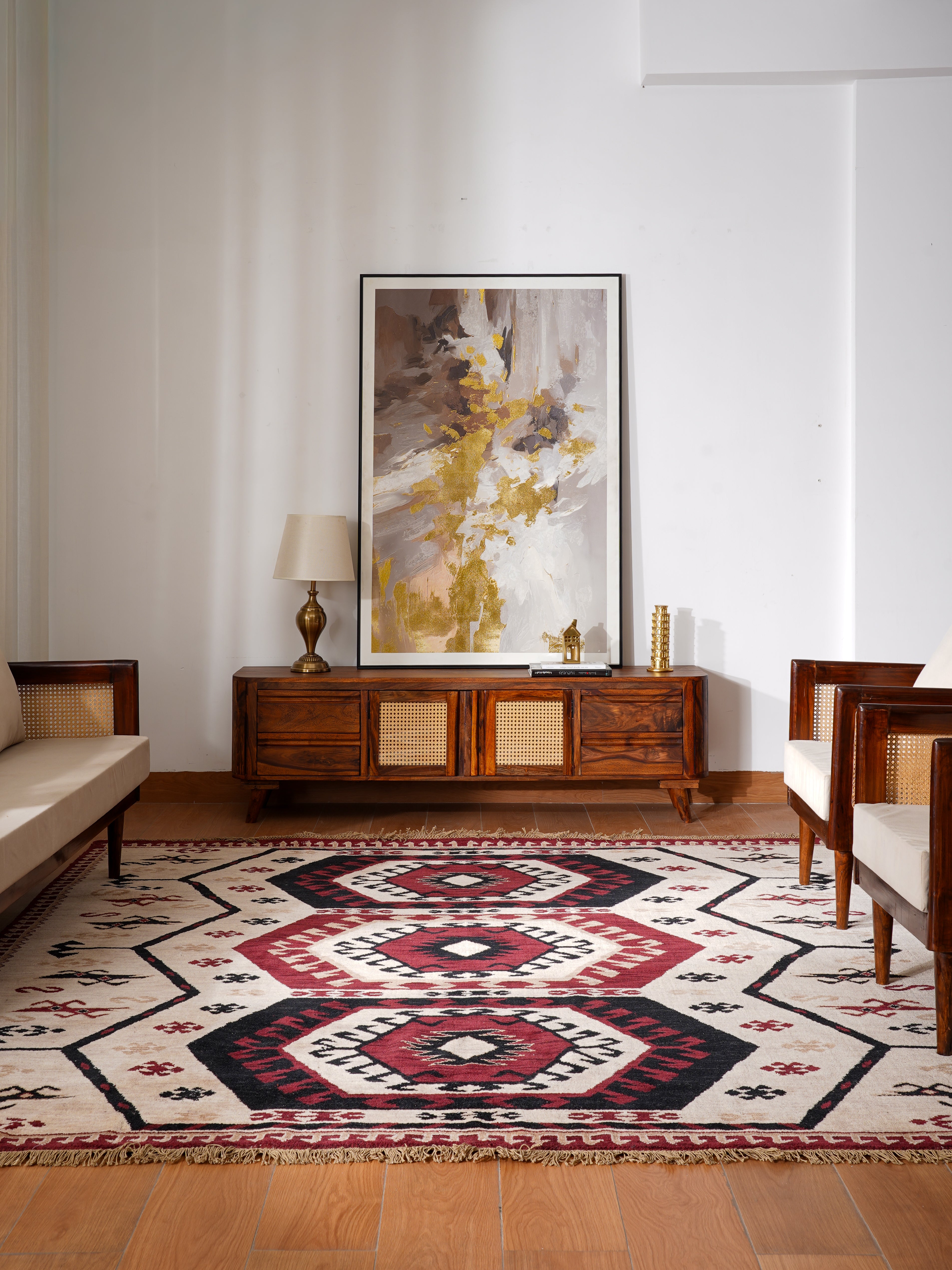 Hand-Knotted Multicolor Wool Oriental Area Rug with Tribal Geometric Medallion Pattern