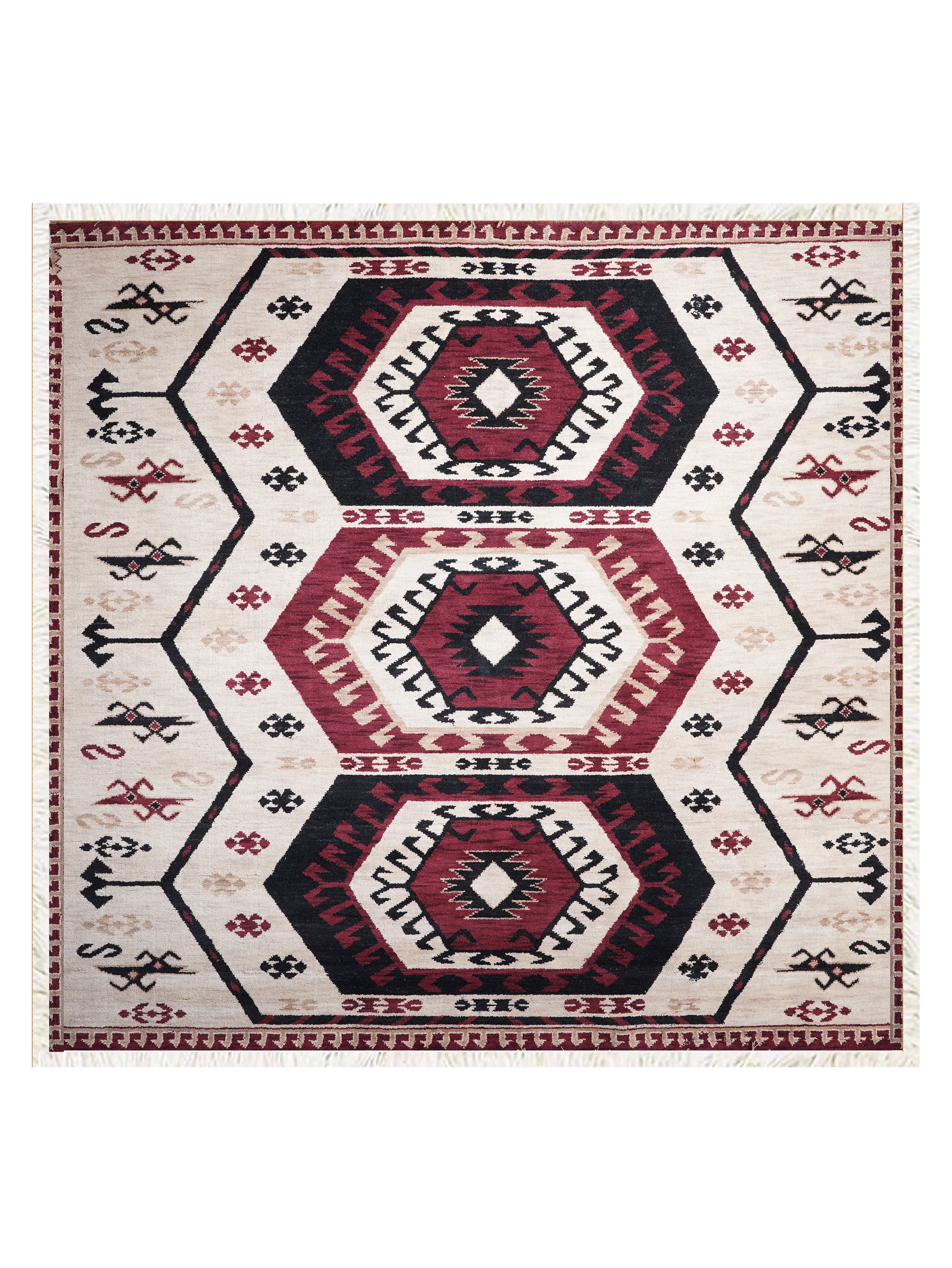 Hand-Knotted Multicolor Wool Oriental Area Rug with Tribal Geometric Medallion Pattern