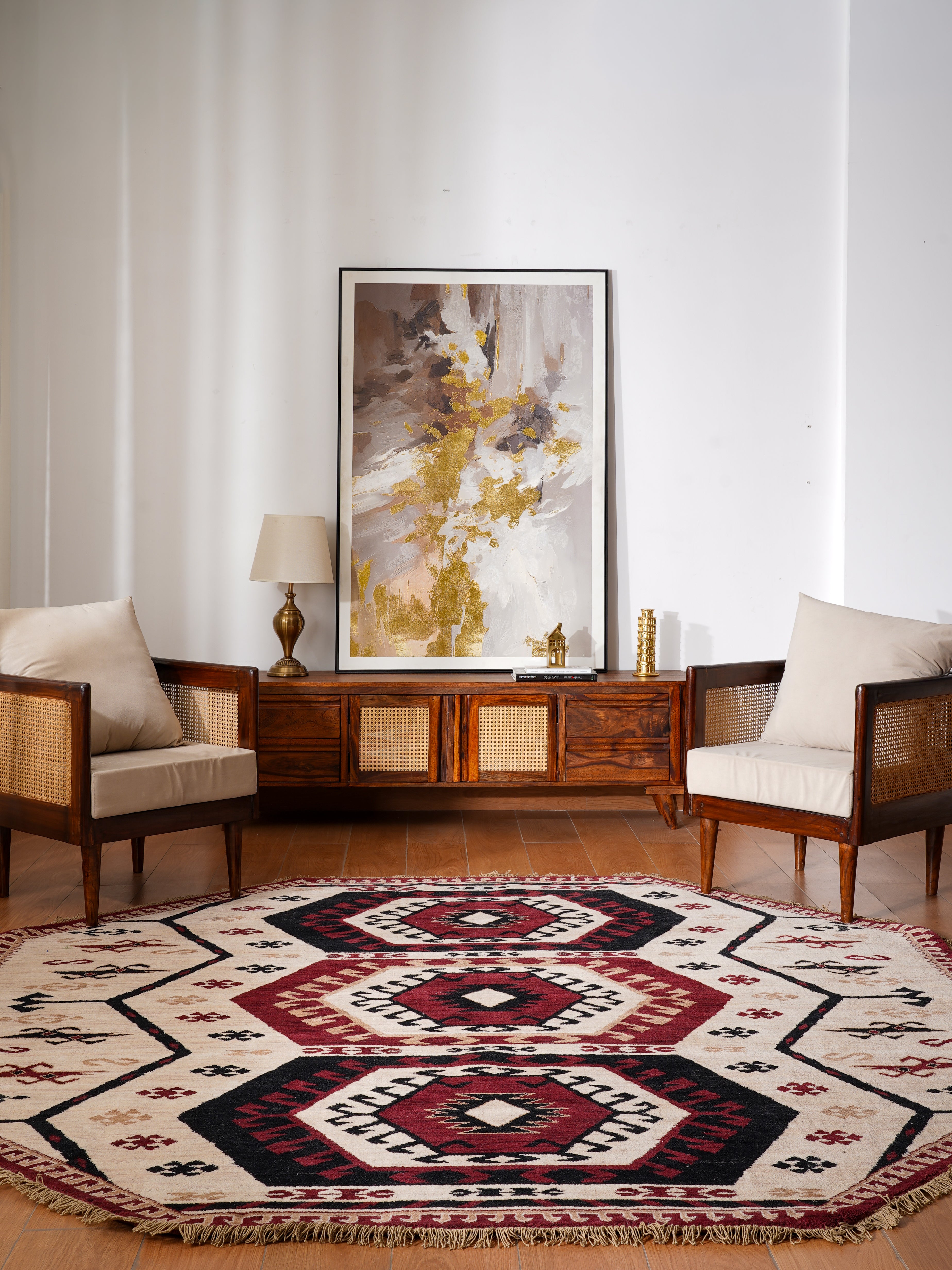 Hand-Knotted Multicolor Wool Oriental Area Rug with Tribal Geometric Medallion Pattern