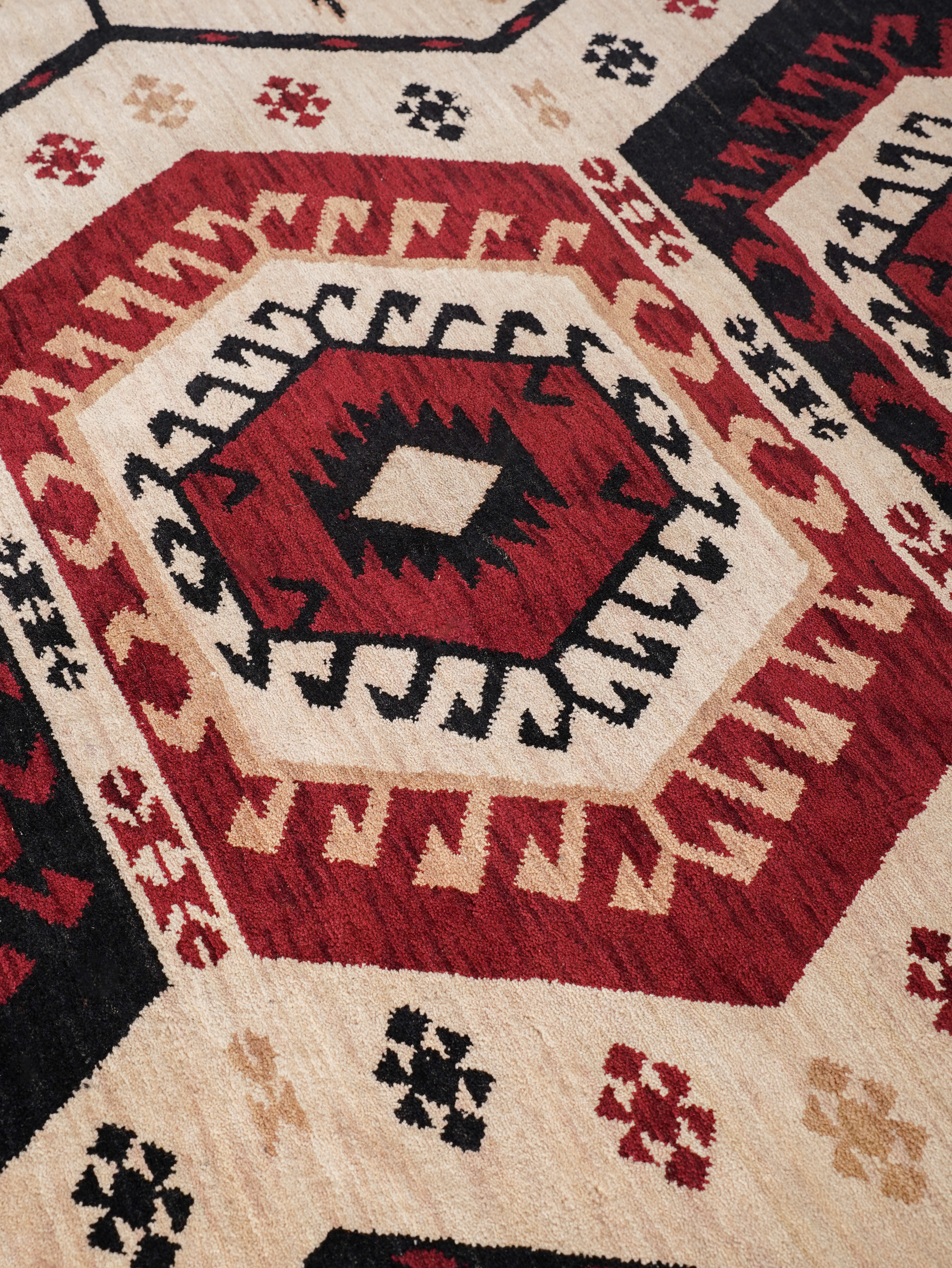 Hand-Knotted Multicolor Wool Oriental Area Rug with Tribal Geometric Medallion Pattern