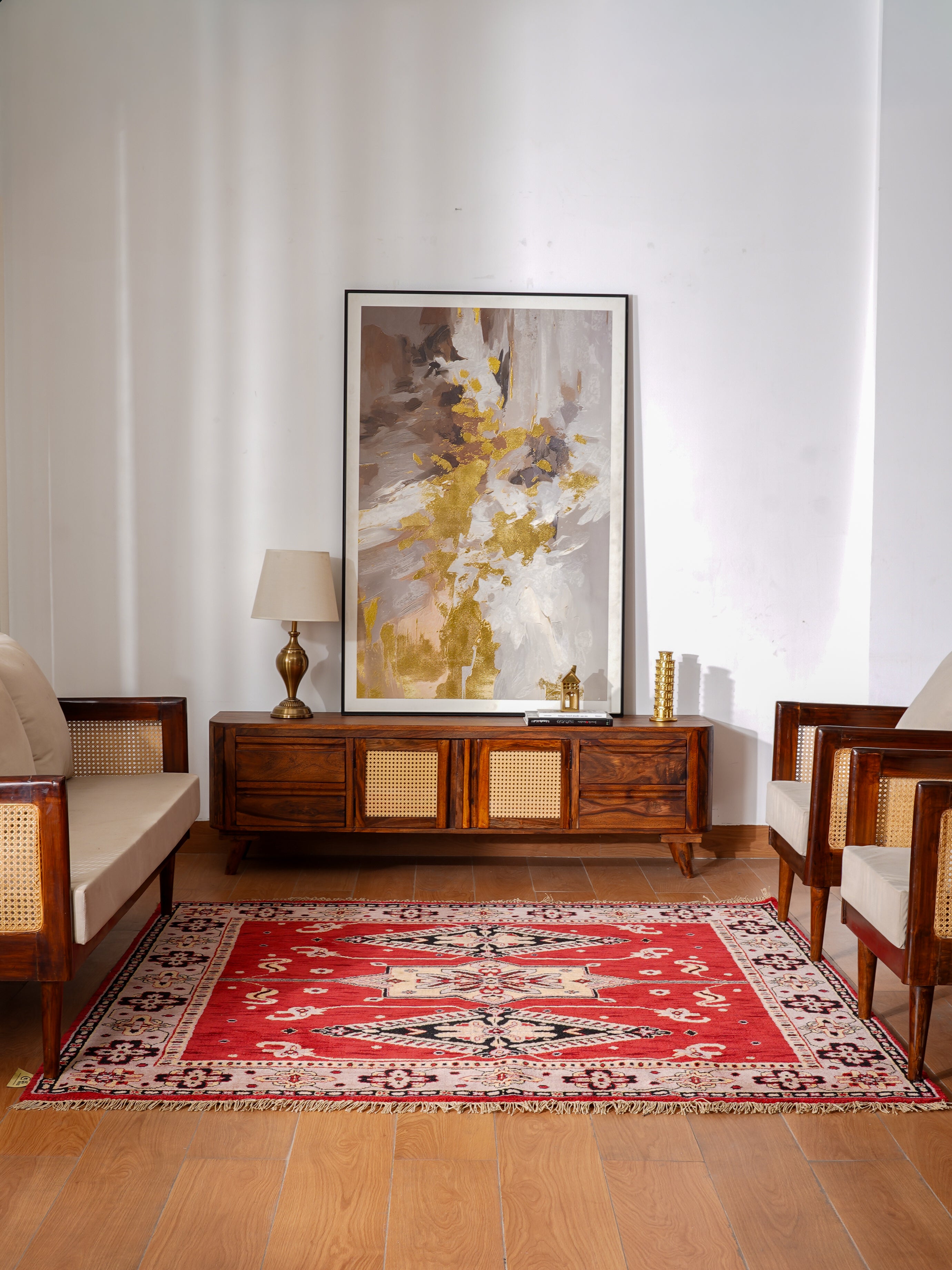 Hand-Knotted Red and Beige Wool Oriental Area Rug with Tribal Medallion Pattern