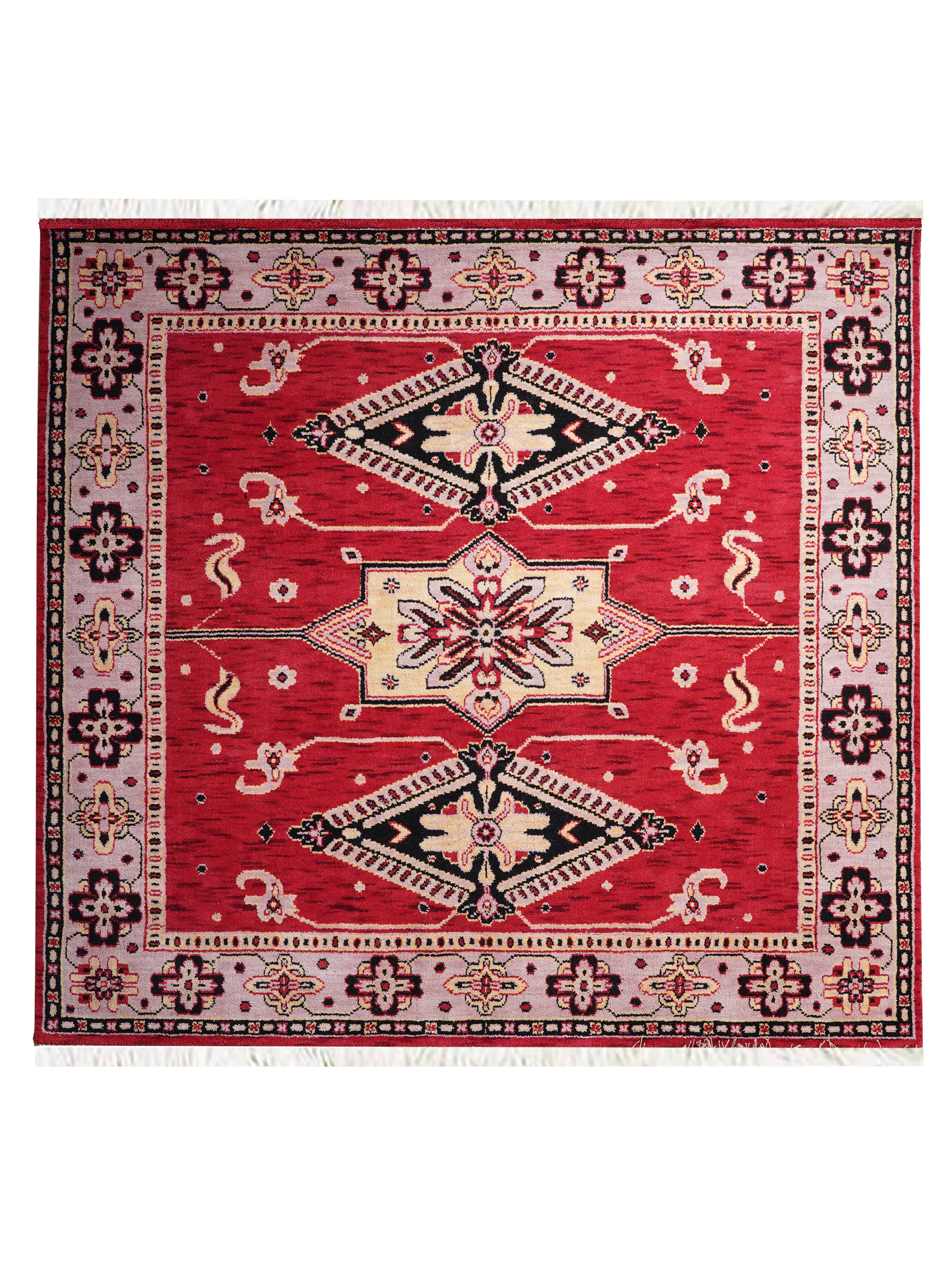 Hand-Knotted Red and Beige Wool Oriental Area Rug with Tribal Medallion Pattern