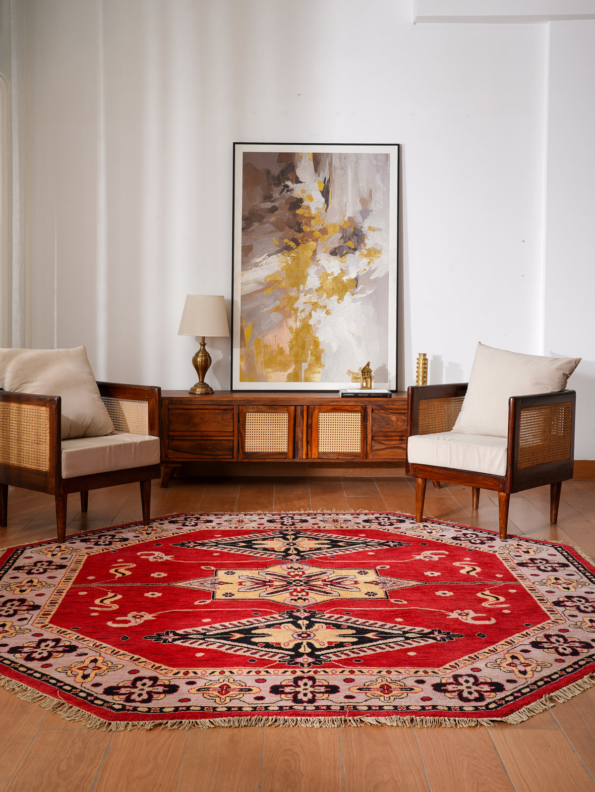Hand-Knotted Red and Beige Wool Oriental Area Rug with Tribal Medallion Pattern