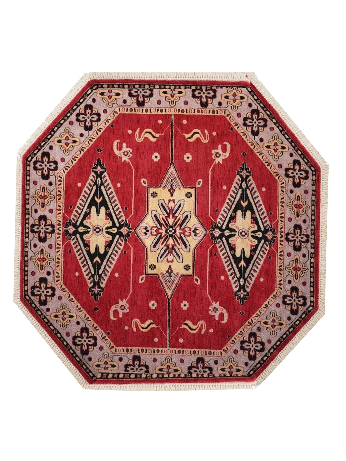Hand-Knotted Red and Beige Wool Oriental Area Rug with Tribal Medallion Pattern