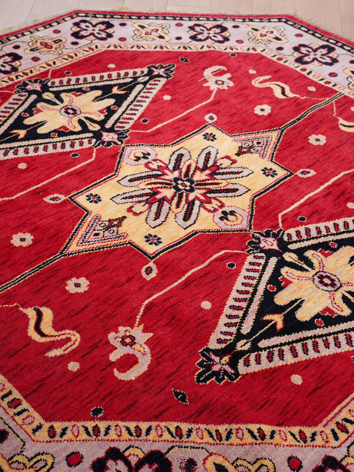Hand-Knotted Red and Beige Wool Oriental Area Rug with Tribal Medallion Pattern