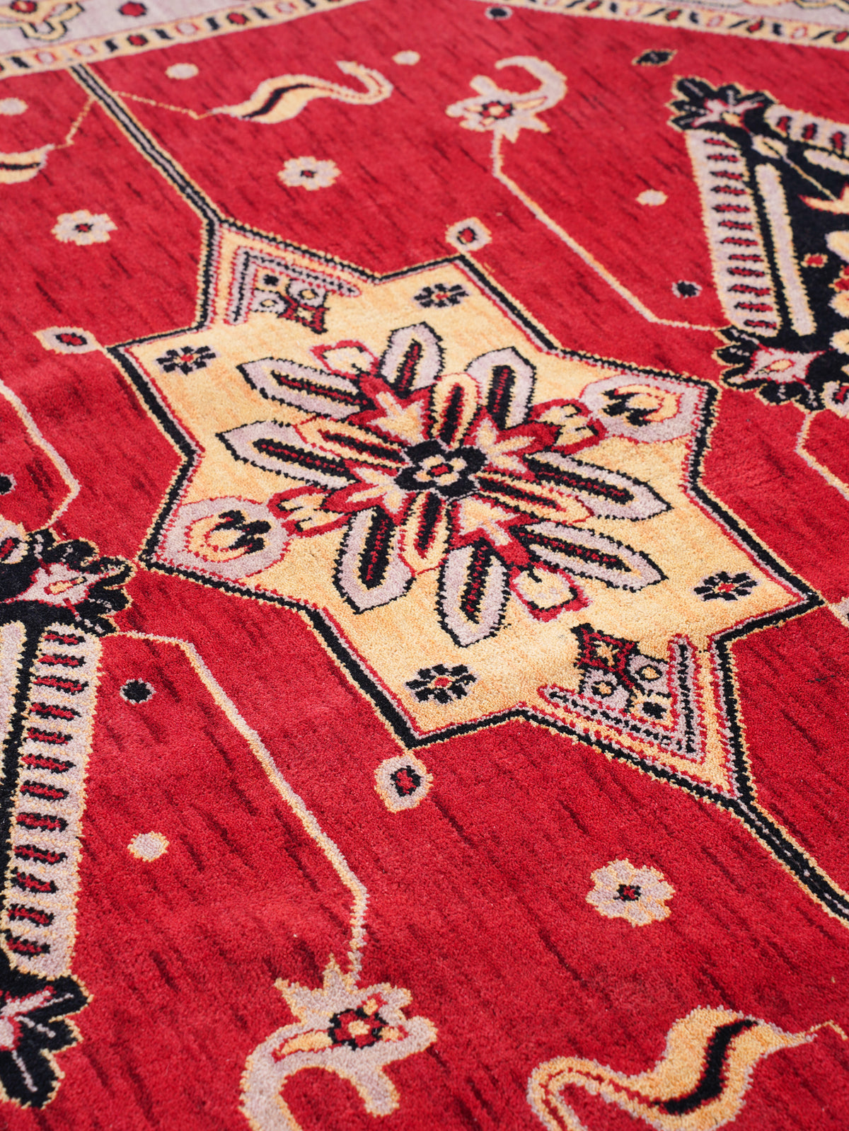 Hand-Knotted Red and Beige Wool Oriental Area Rug with Tribal Medallion Pattern