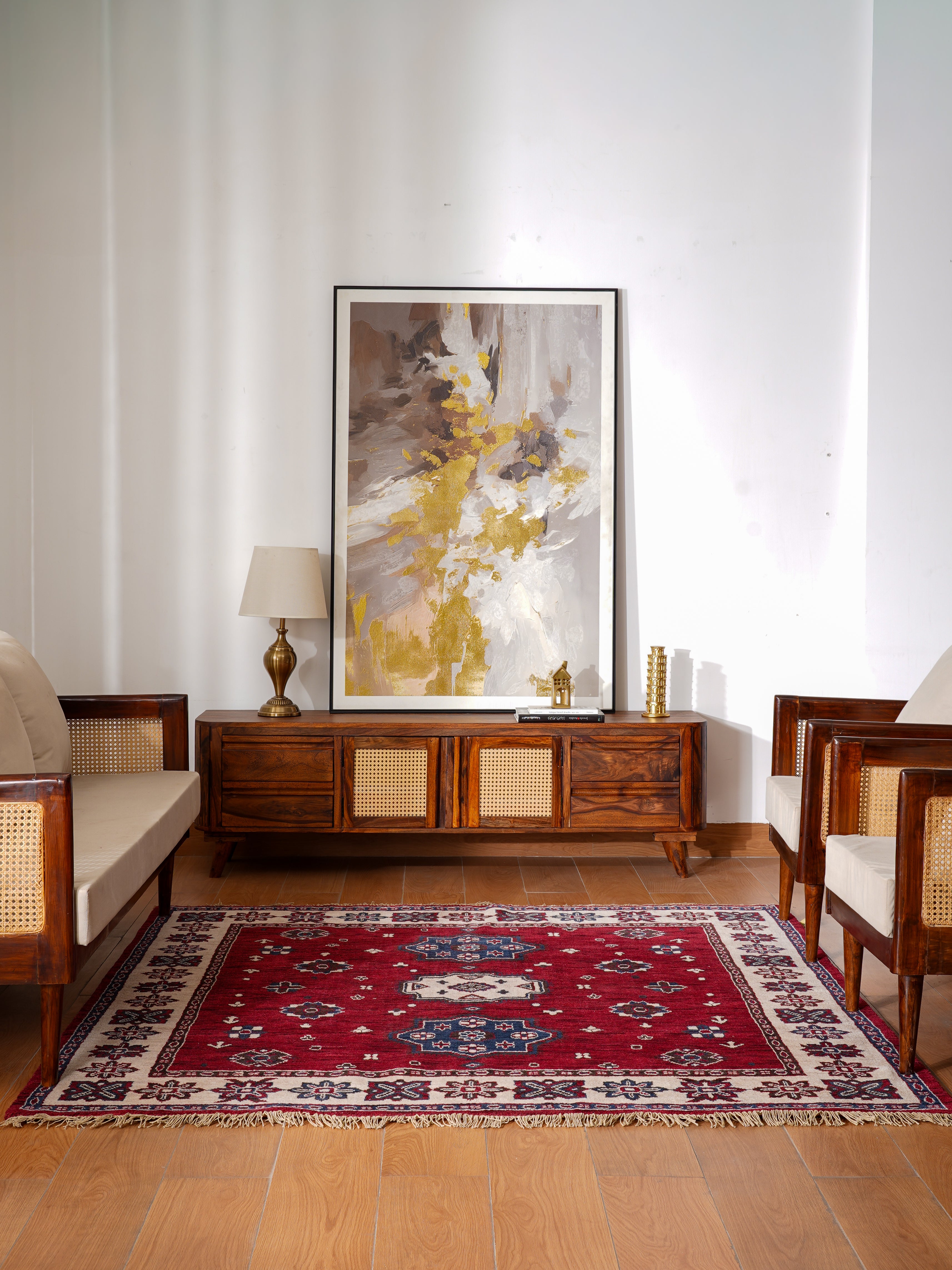 Hand-Knotted Red and Cream Wool Oriental Area Rug