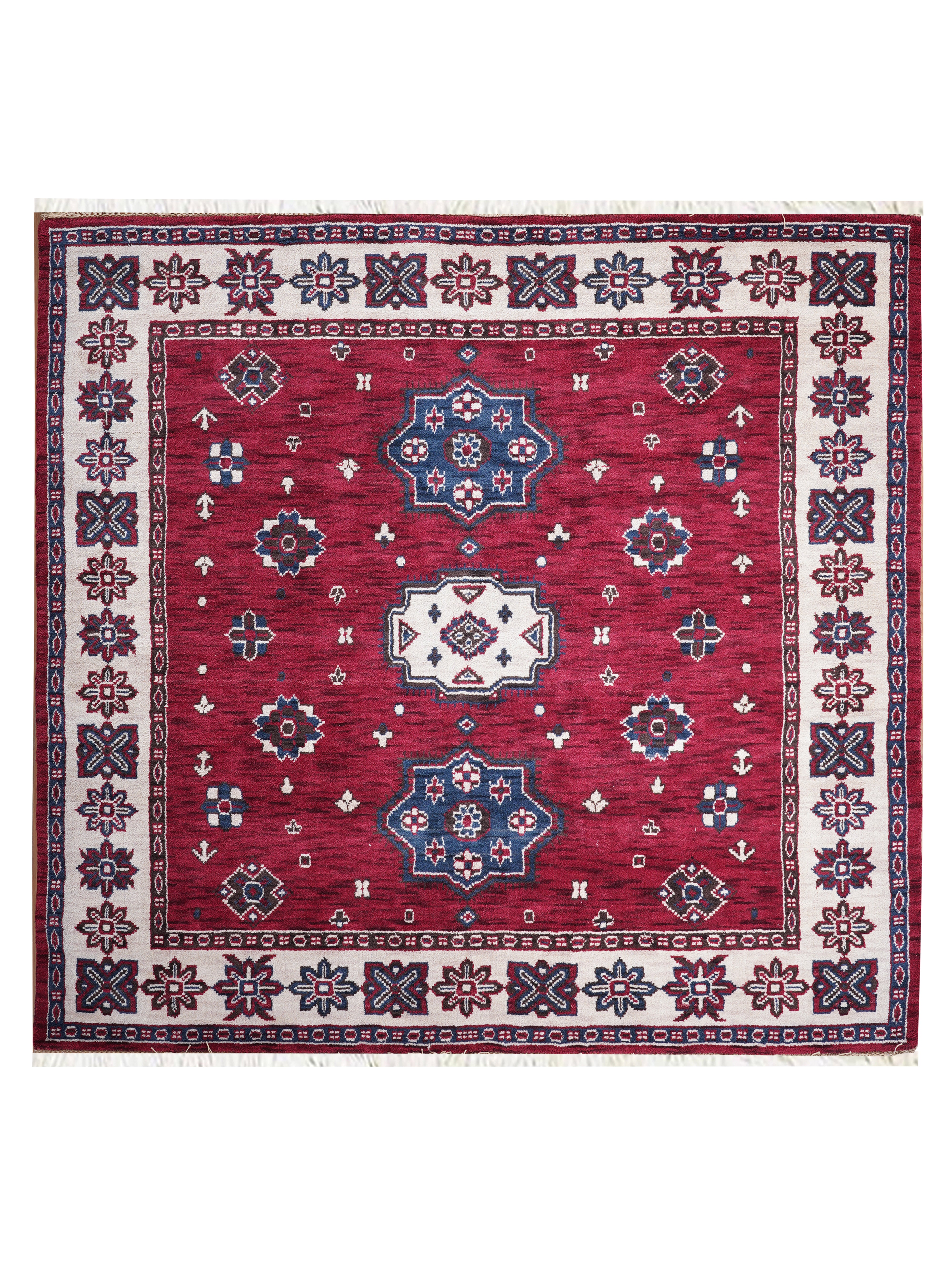 Hand-Knotted Red and Cream Wool Oriental Area Rug