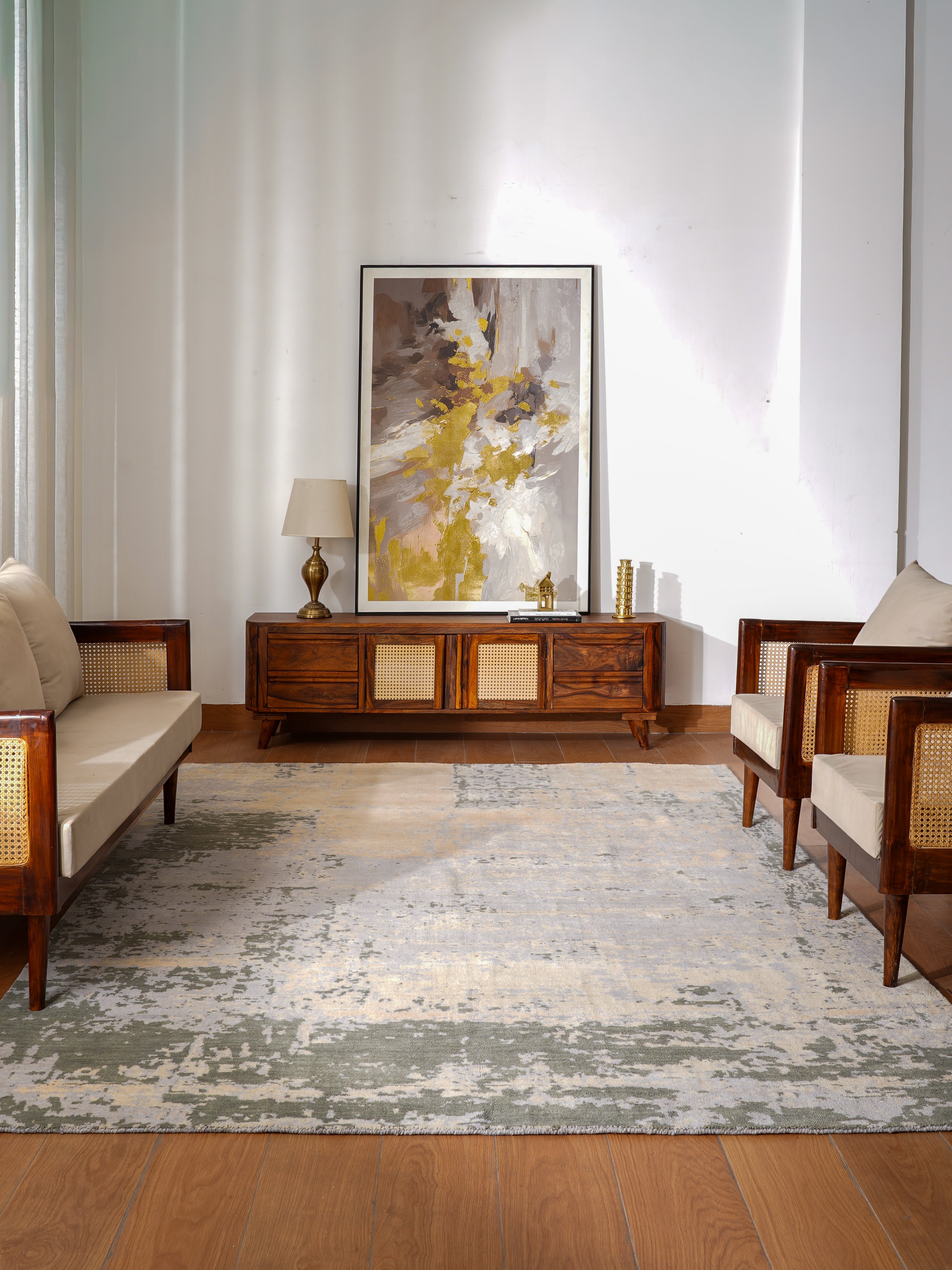 Hand-Knotted Multicolor Wool Area Rug with Modern Distressed Abstract Pattern