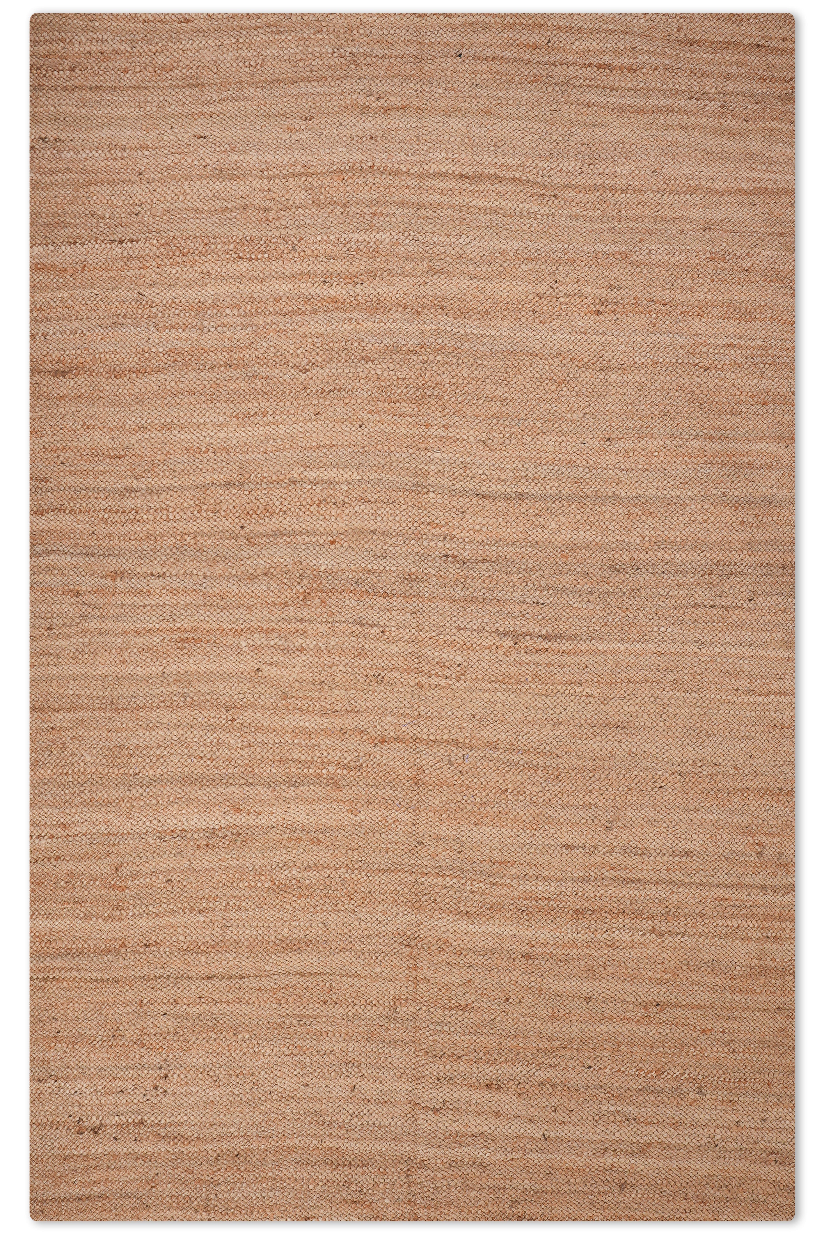 Top view of light brown handwoven jute rug.
