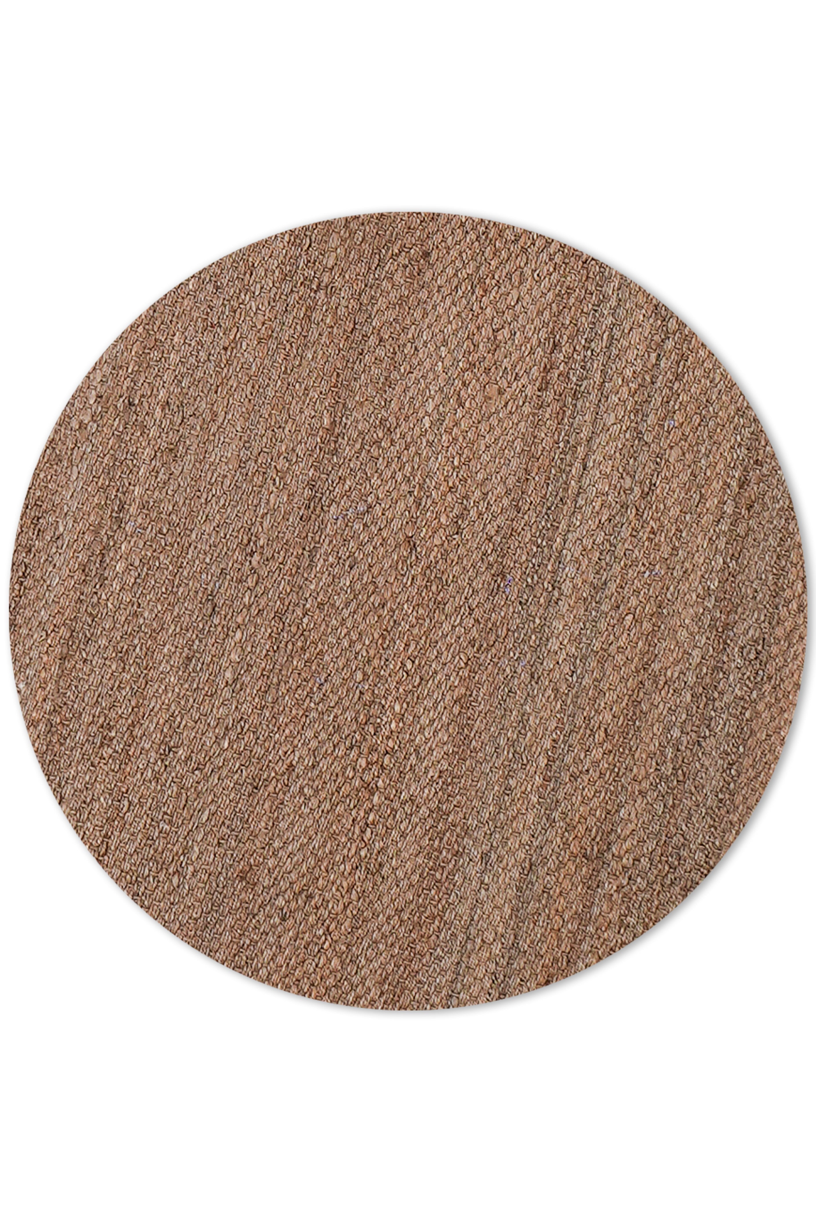 Top view of light brown handwoven jute rug.
