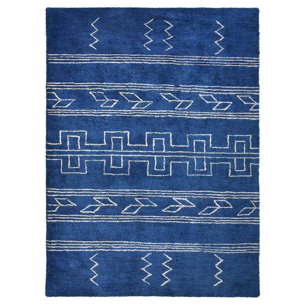 Hand Knotted Loom Silk Mix Area Rug Geometric Blue Beige