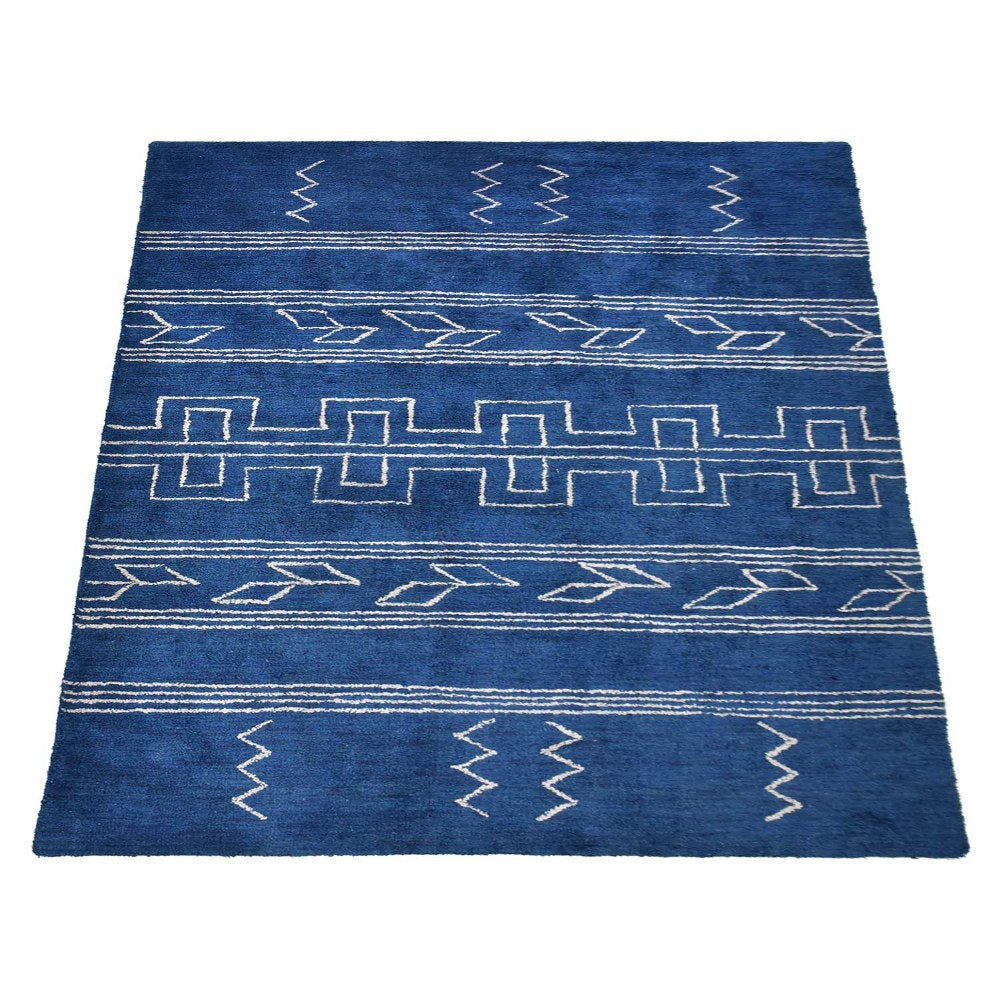 Hand Knotted Loom Silk Mix Area Rug Geometric Blue Beige