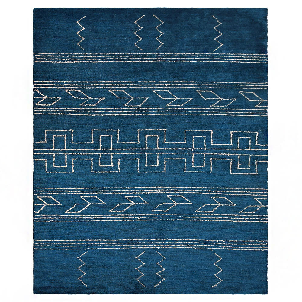 Hand Knotted Loom Silk Mix Area Rug Geometric Blue Beige